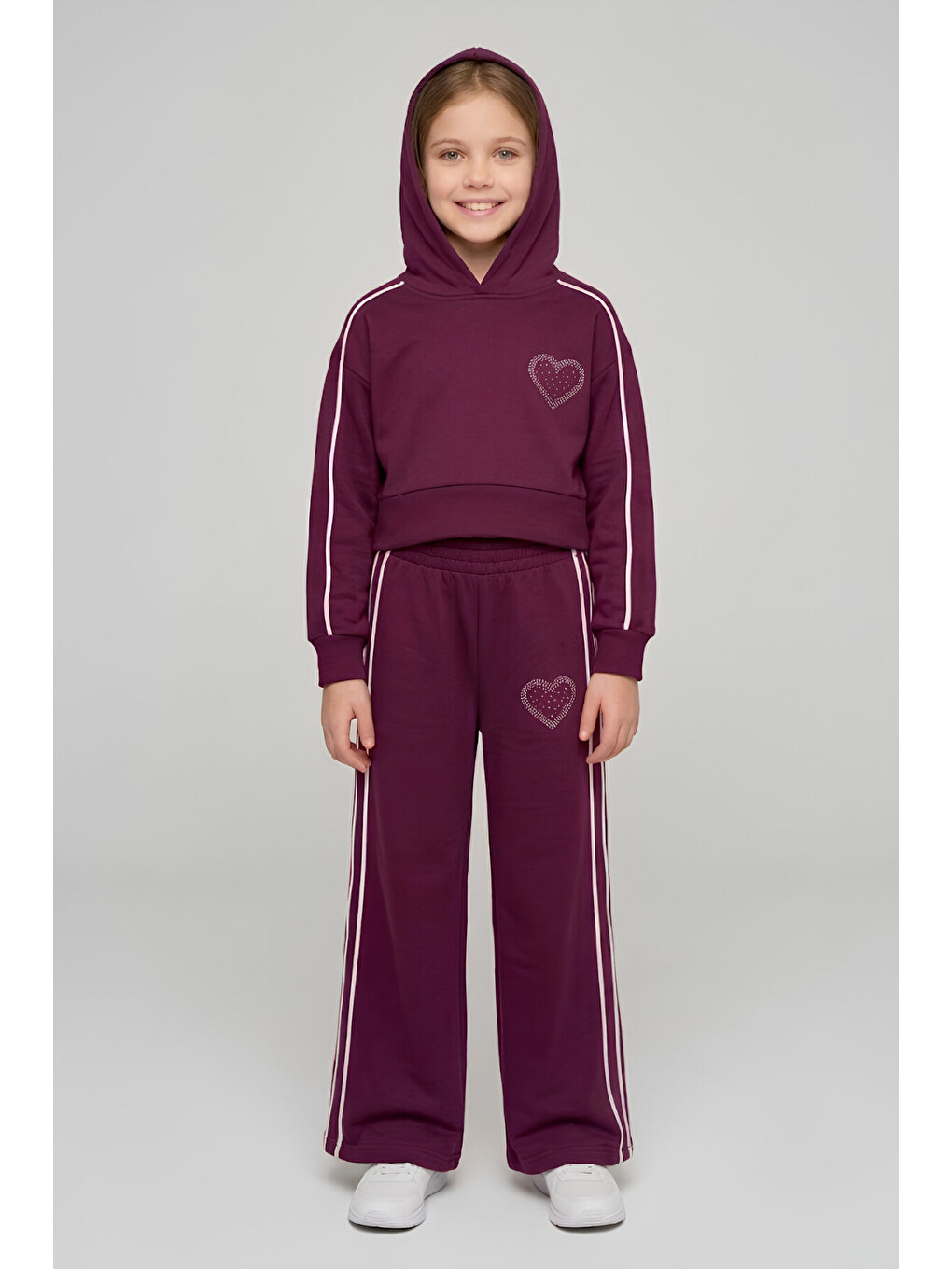 Mürdüm Kız Çocuk Double Face Kumaş Kapüşonlu Alt-üst Takım 3-12 Yaş 12754ds-3