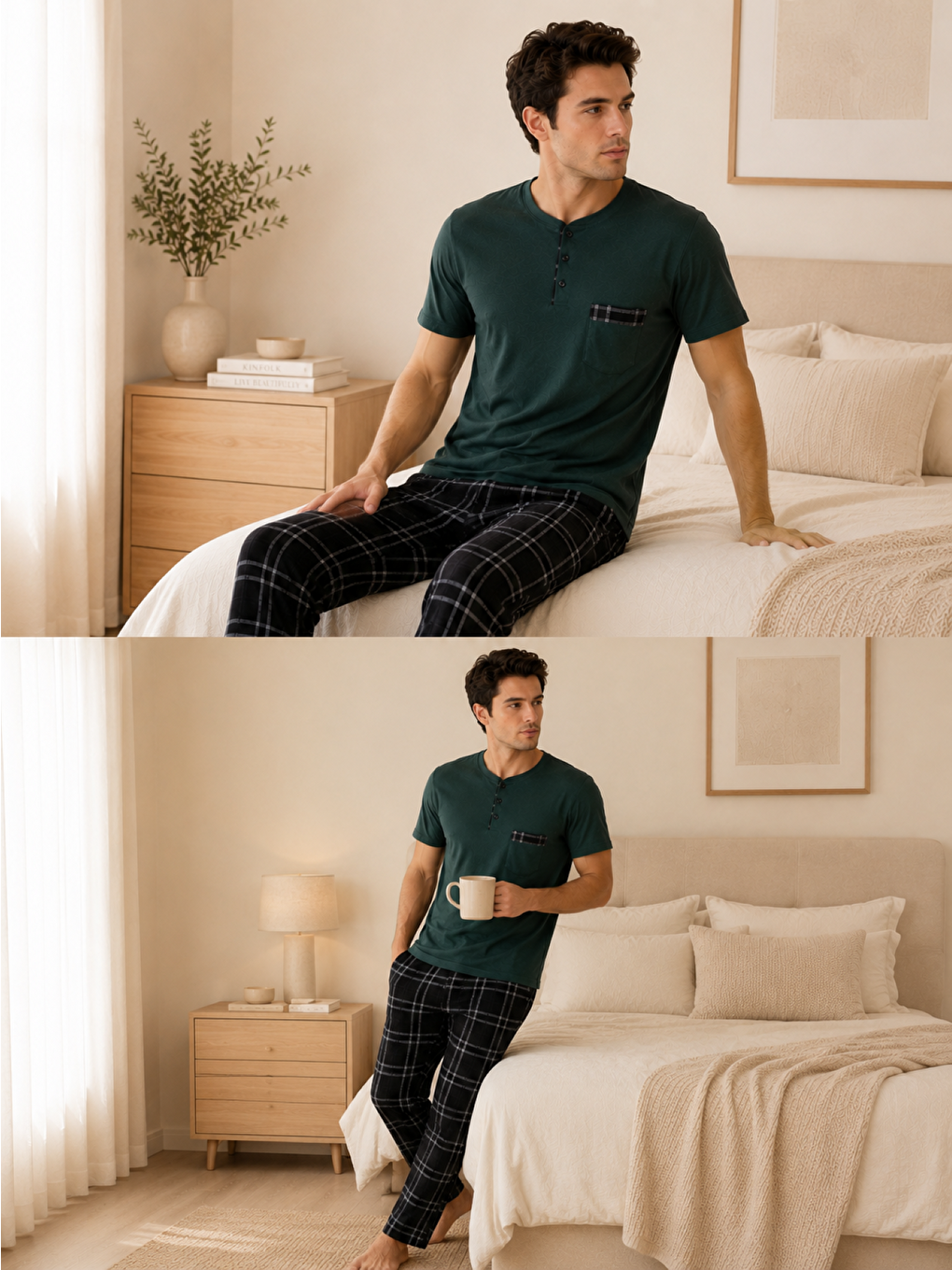 Haki PREMIUM Erkek %100 Doğal Pamuk Ekoseli Yüksek Kaliteli Düğmeli Kısa Kollu Pijama Takımı-1