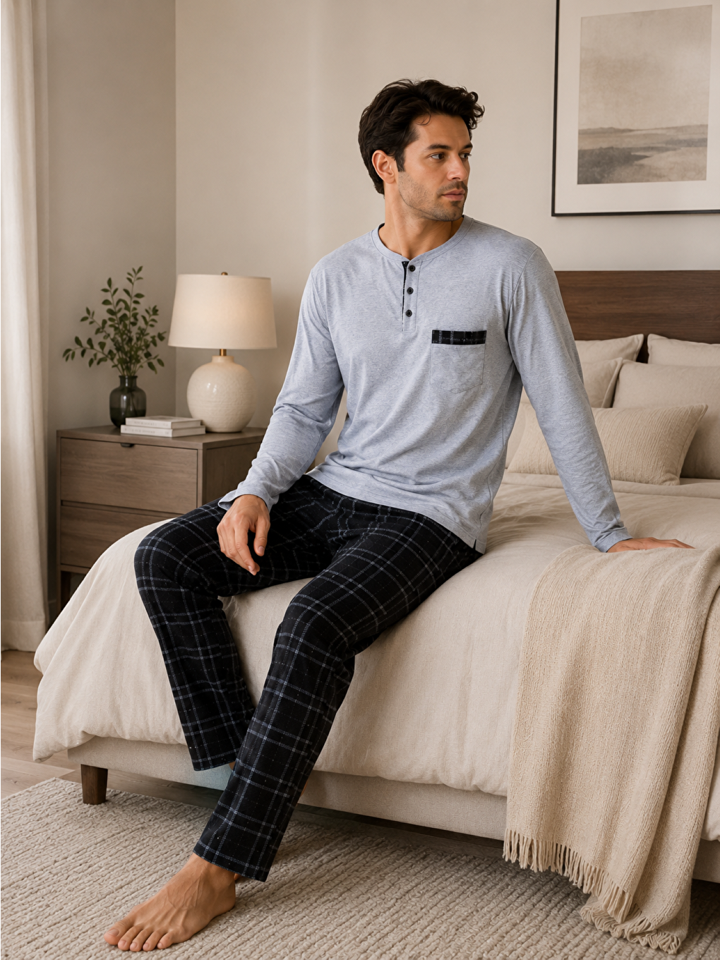 Gri PREMIUM Erkek %100 Doğal Pamuk Ekoseli Yüksek Kaliteli Düğmeli Cepli Uzun Kollu Pijama Takımı-1