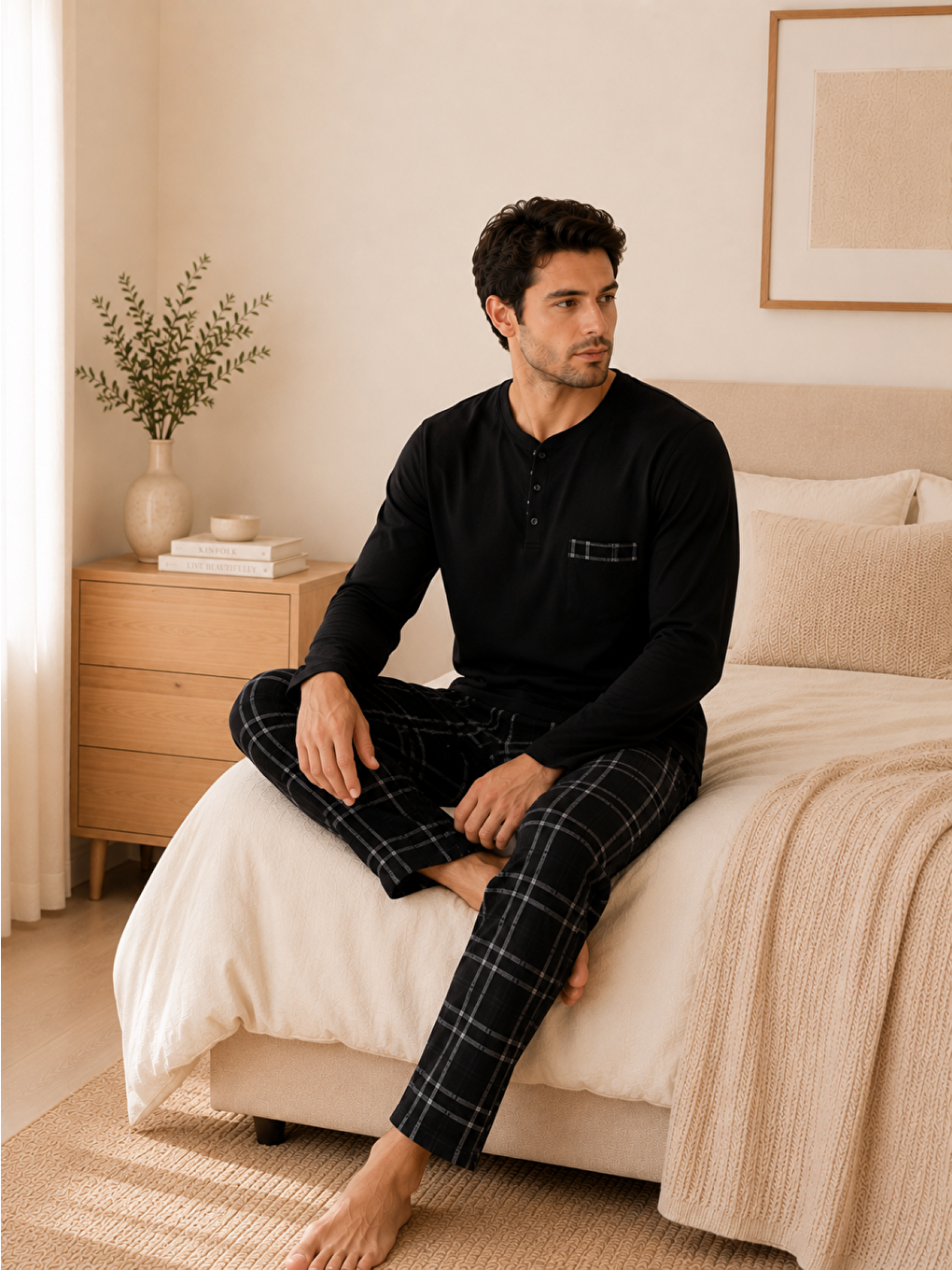 Siyah PREMIUM Erkek %100 Doğal Pamuk Ekoseli Yüksek Kaliteli Düğmeli Cepli Uzun Kollu Pijama Takımı-1