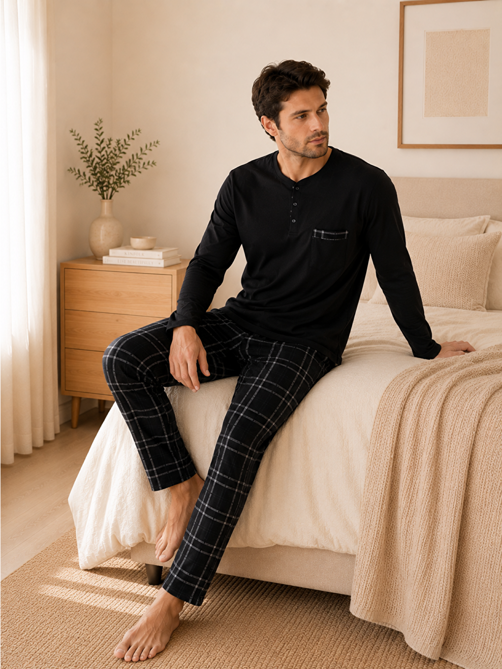 Siyah PREMIUM Erkek %100 Doğal Pamuk Ekoseli Yüksek Kaliteli Düğmeli Cepli Uzun Kollu Pijama Takımı-2
