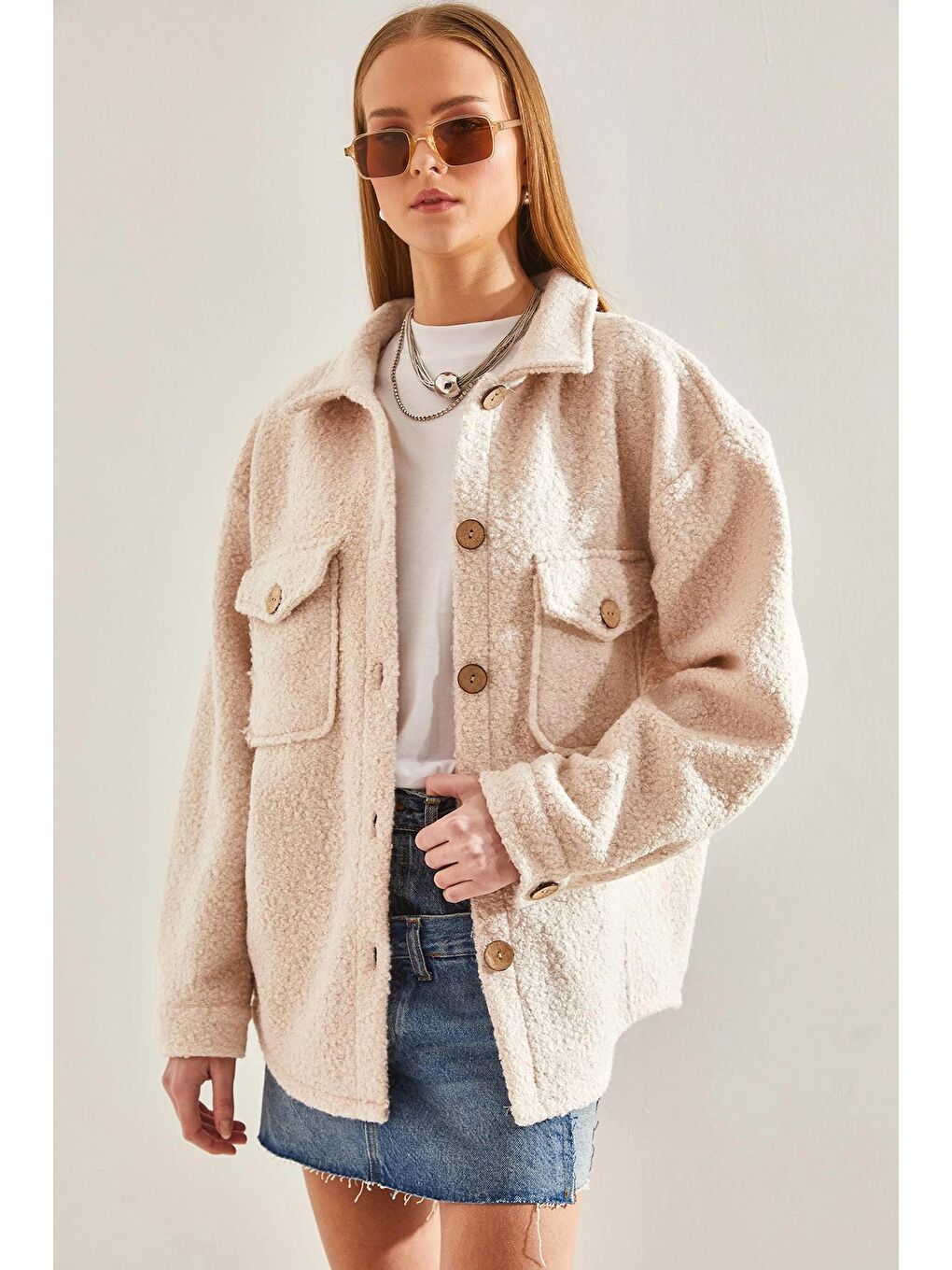 Ekru Kadın Bürümcük Kumaş Gömlek Ceket