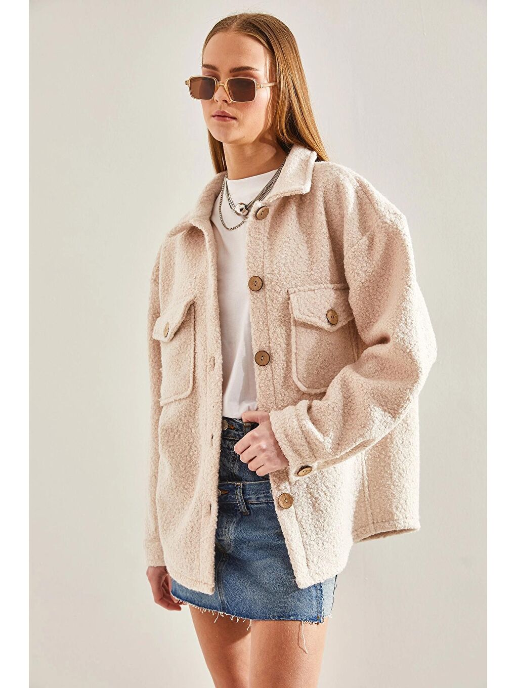 Ekru Kadın Bürümcük Kumaş Gömlek Ceket-1