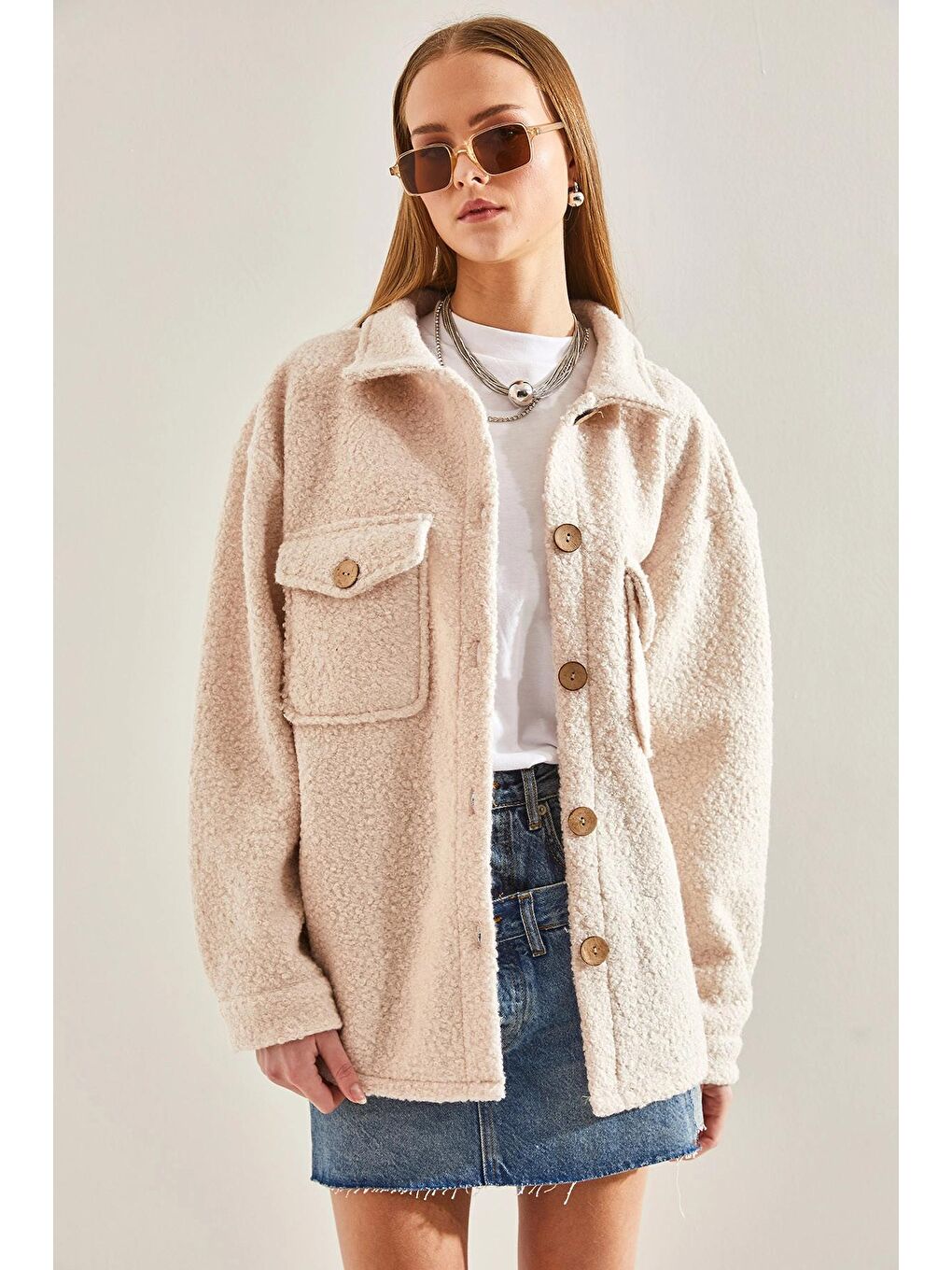 Ekru Kadın Bürümcük Kumaş Gömlek Ceket-2