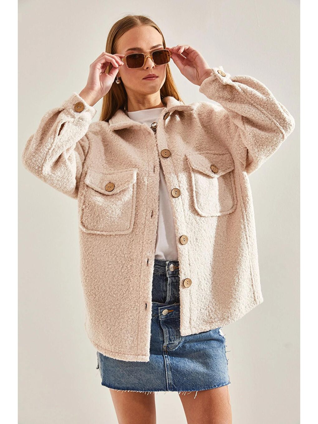 Ekru Kadın Bürümcük Kumaş Gömlek Ceket-3