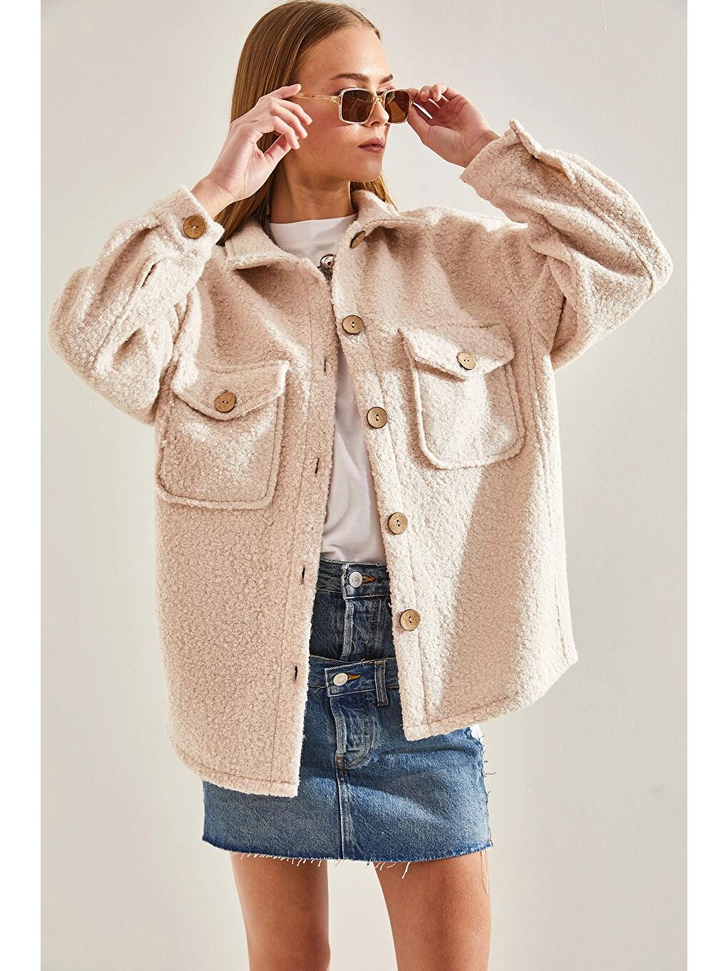 Ekru Kadın Bürümcük Kumaş Gömlek Ceket-4