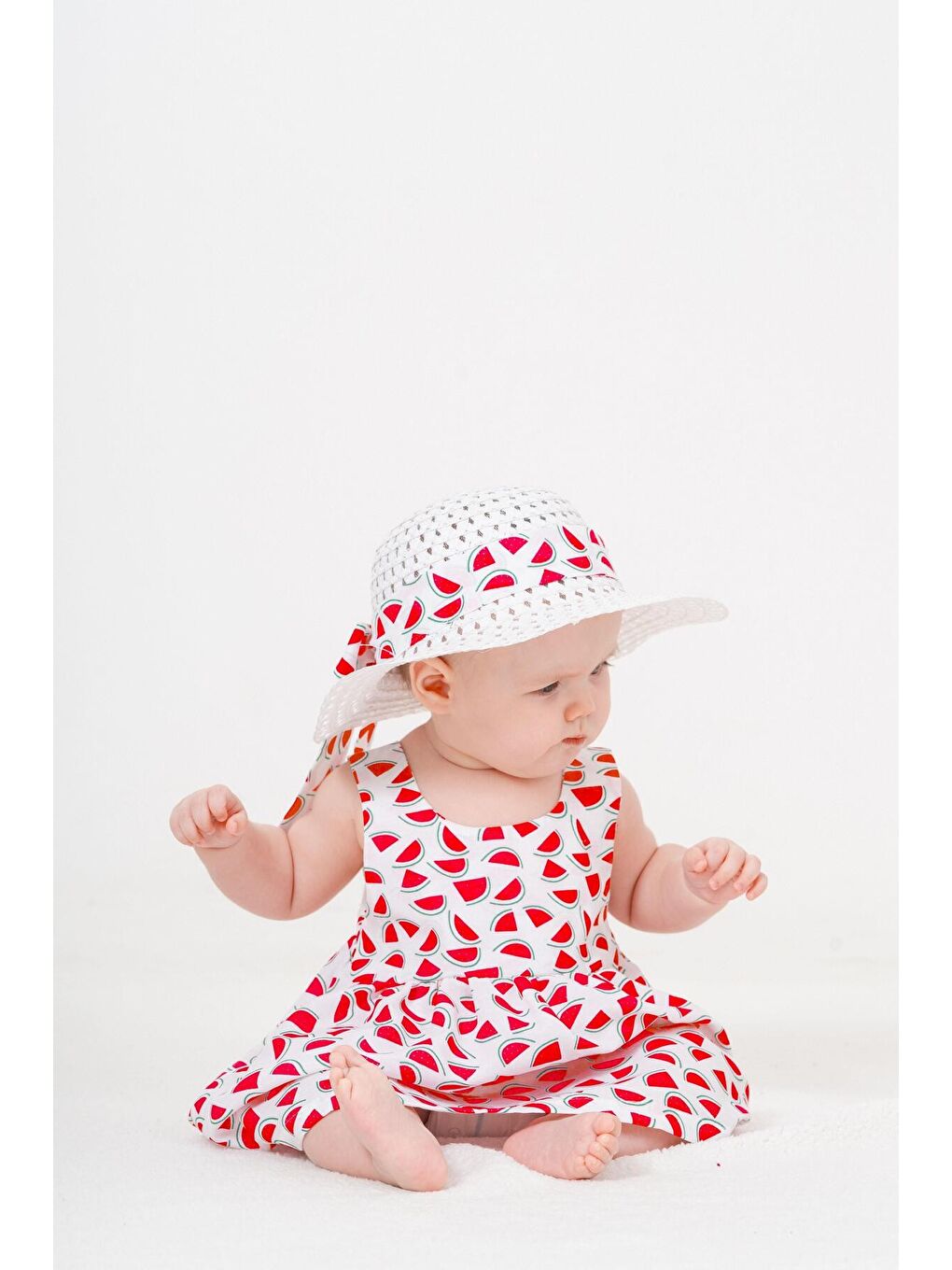Pembe Tatlı Karpuz Desenli Şapkalı Fiyonklu Kız Bebek Elbisesi-1
