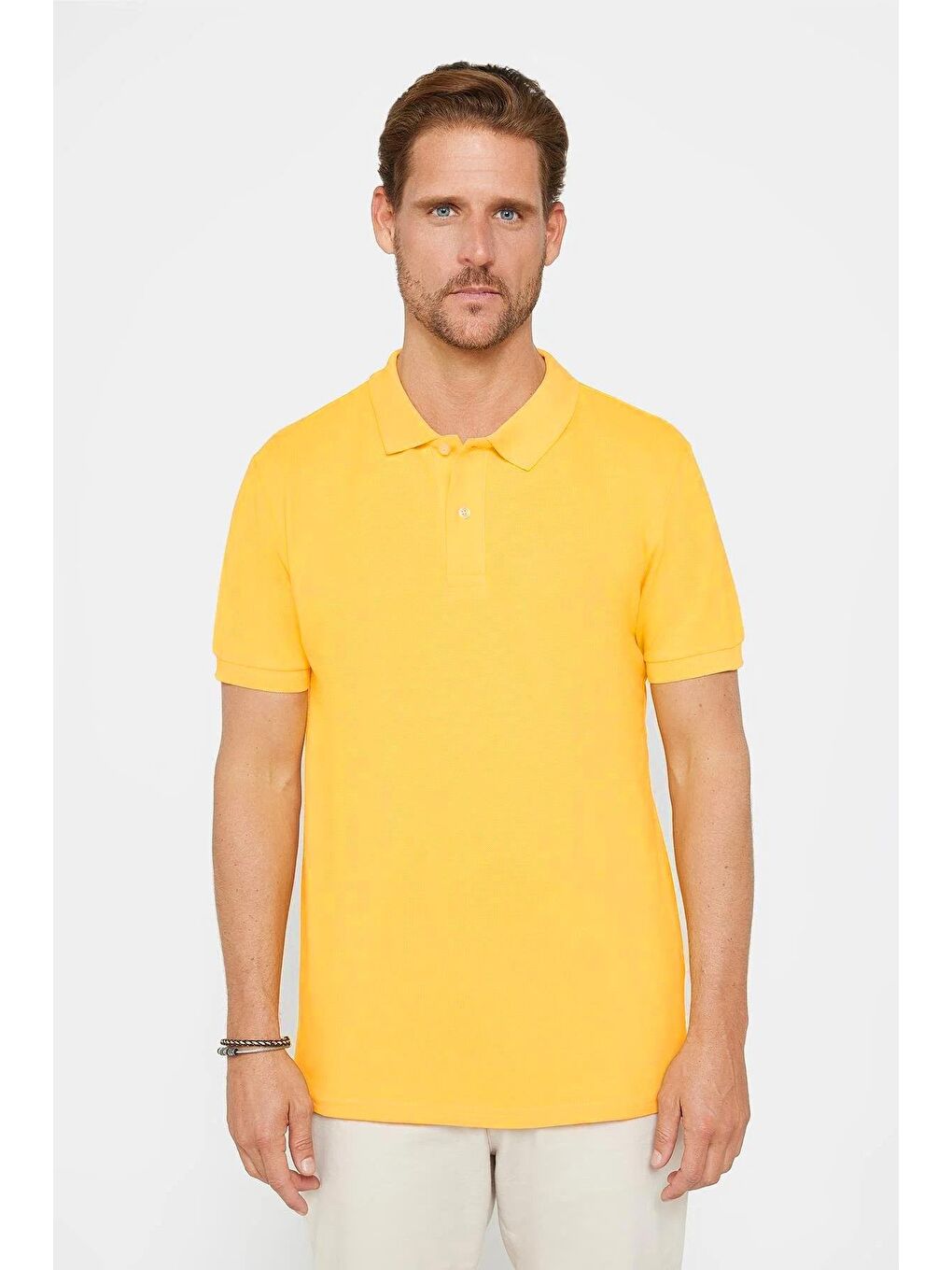 Erkek Slim Fit Dar Kesim %100 Pamuk Sarı Polo Yaka Tişört-2