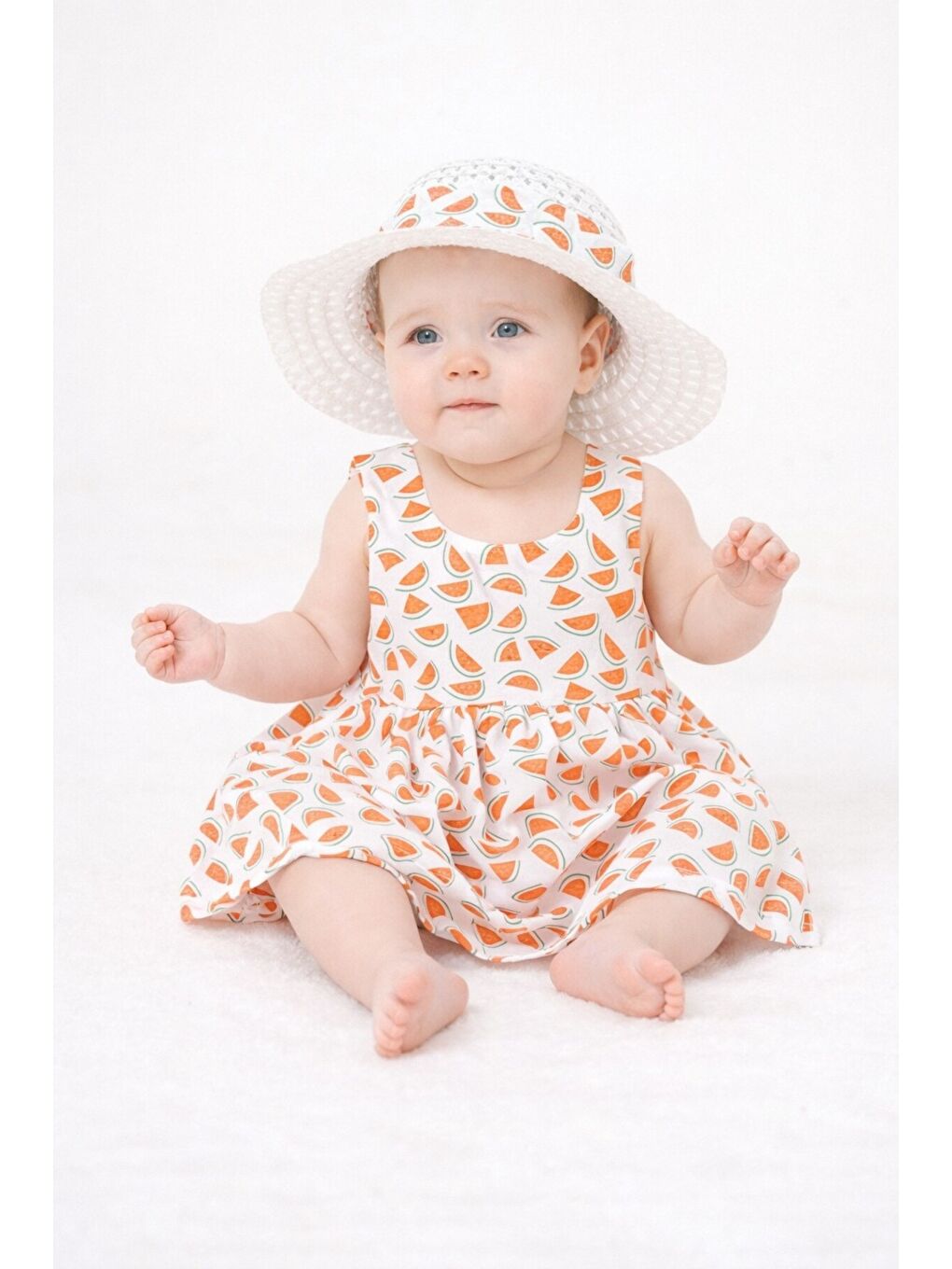 Turuncu Tatlı Karpuz Desenli Şapkalı Fiyonklu Kız Bebek Elbisesi-1