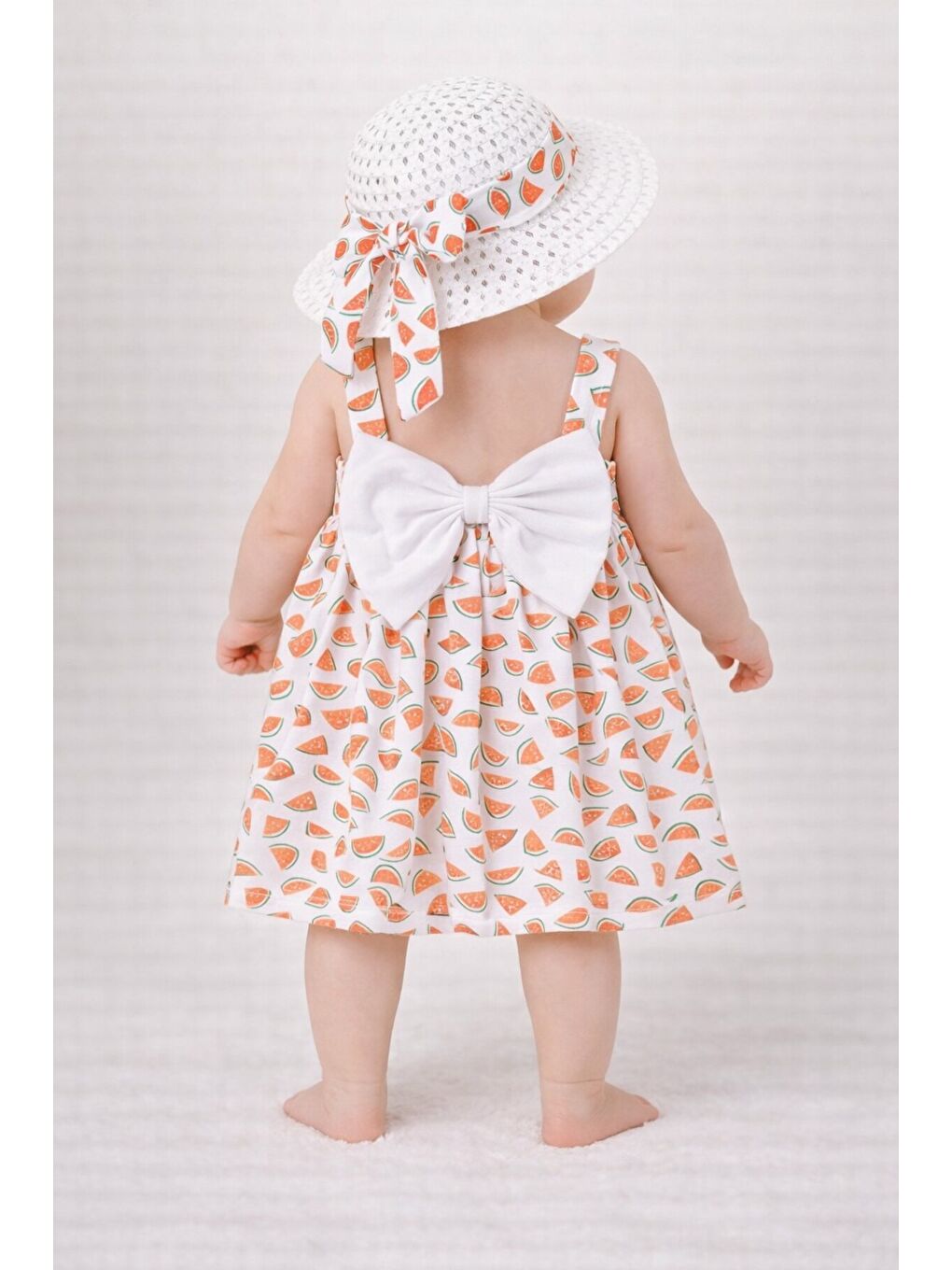 Turuncu Tatlı Karpuz Desenli Şapkalı Fiyonklu Kız Bebek Elbisesi-2