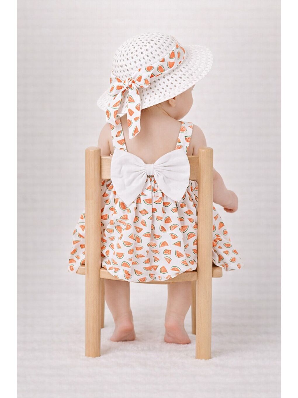 Turuncu Tatlı Karpuz Desenli Şapkalı Fiyonklu Kız Bebek Elbisesi-3