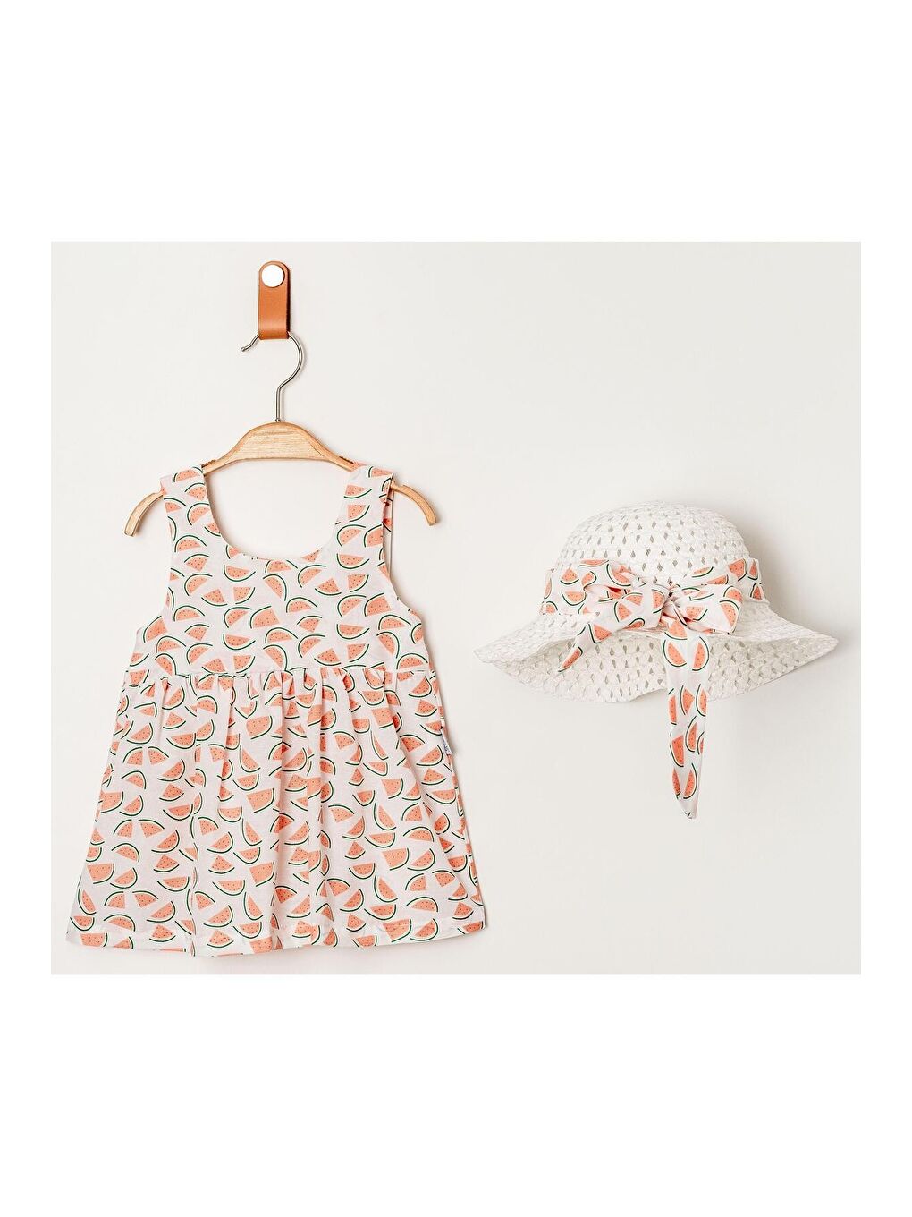 Turuncu Tatlı Karpuz Desenli Şapkalı Fiyonklu Kız Bebek Elbisesi-4