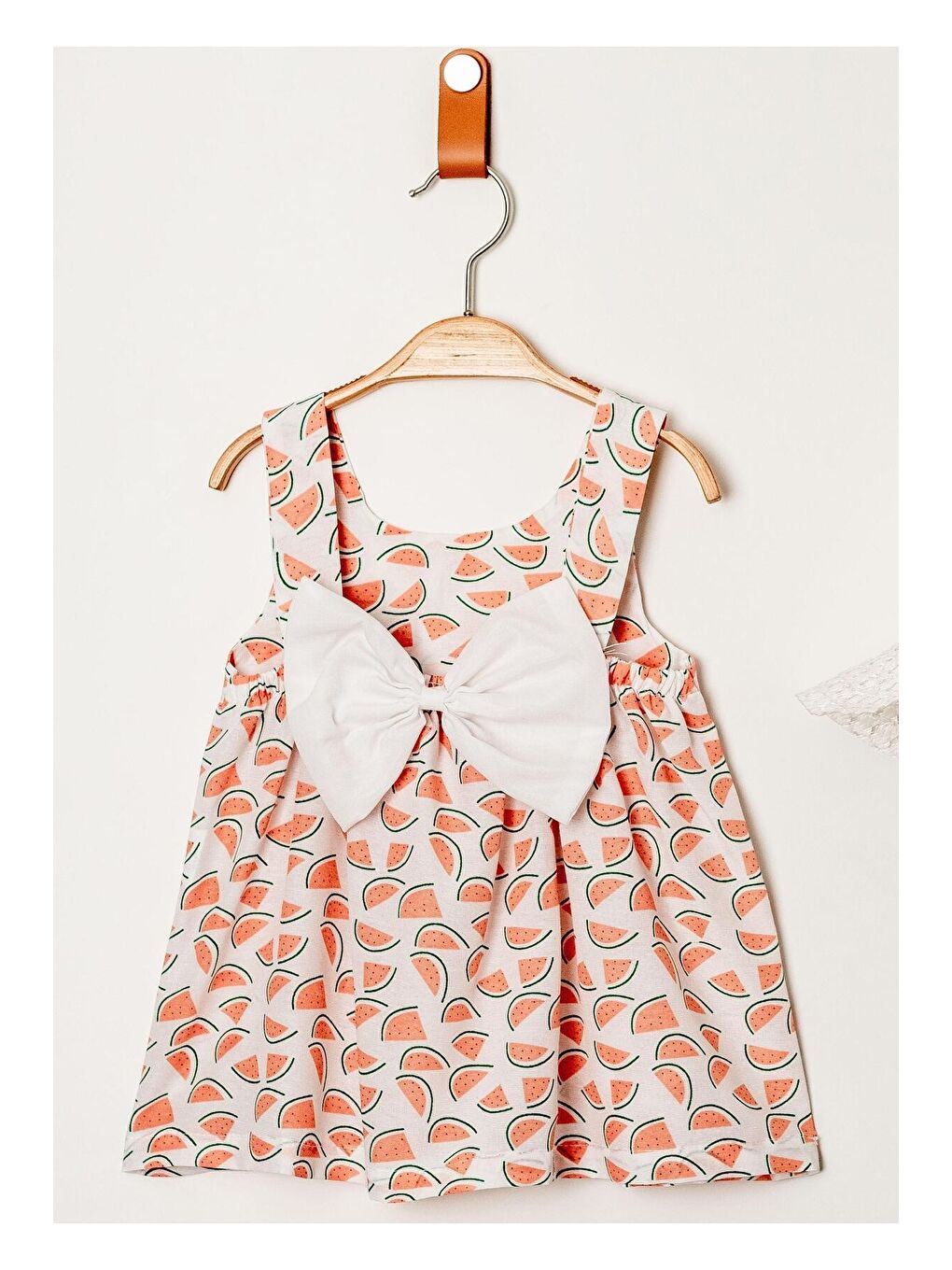Turuncu Tatlı Karpuz Desenli Şapkalı Fiyonklu Kız Bebek Elbisesi-5
