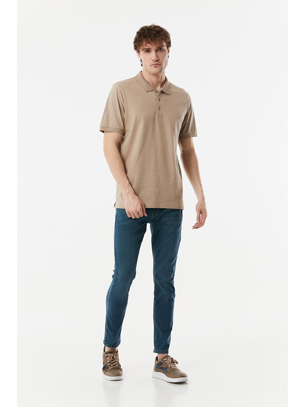 Bej Polo Yaka Düğmeli Tişört-1