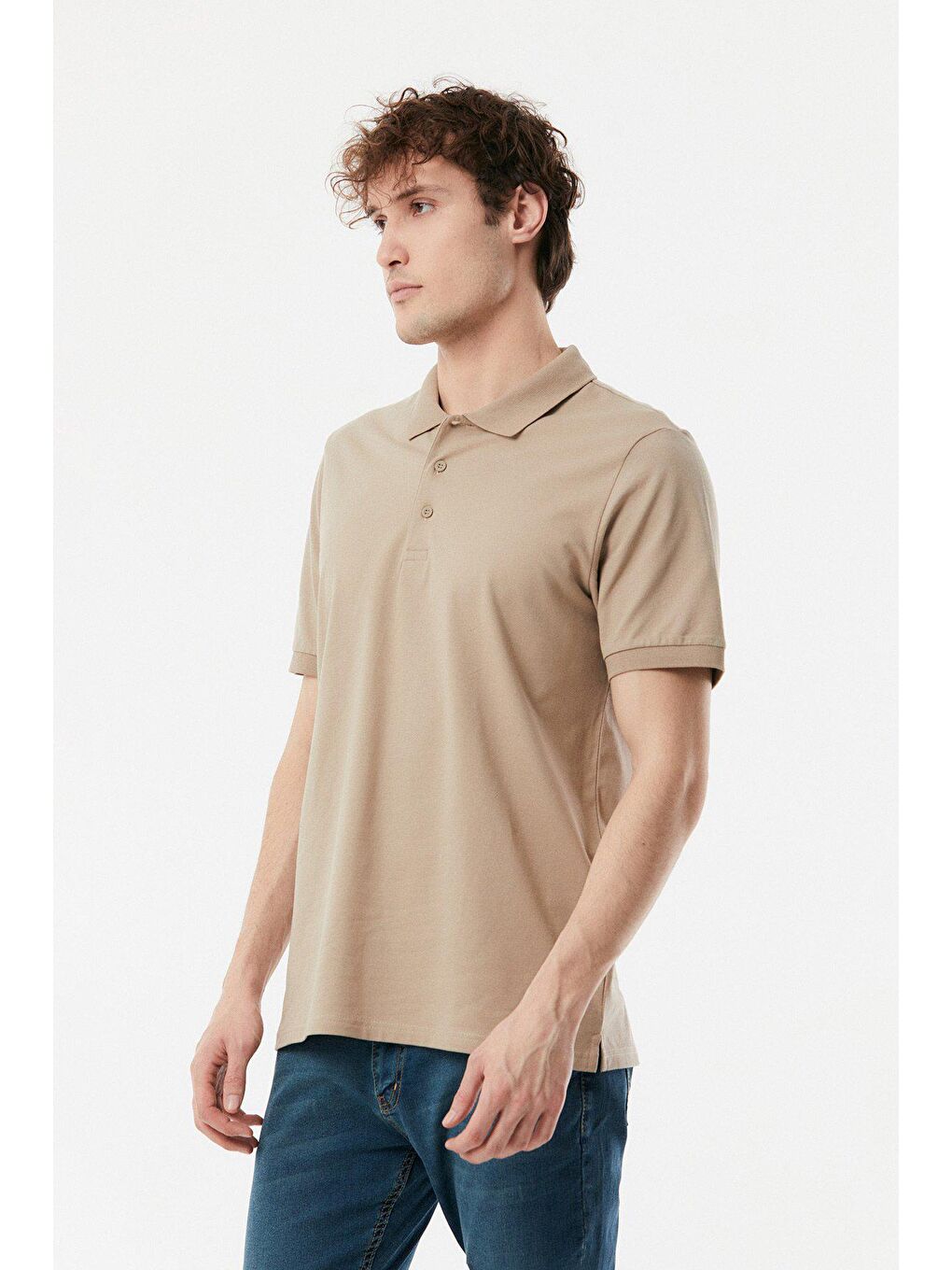 Bej Polo Yaka Düğmeli Tişört-2