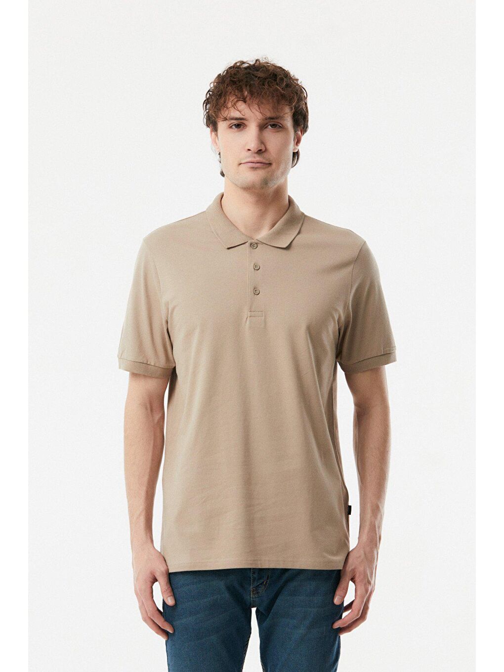 Bej Polo Yaka Düğmeli Tişört-4