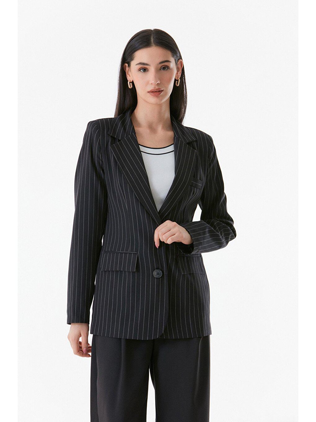 Siyah Çizgili Kruvaze Yaka Blazer Ceket