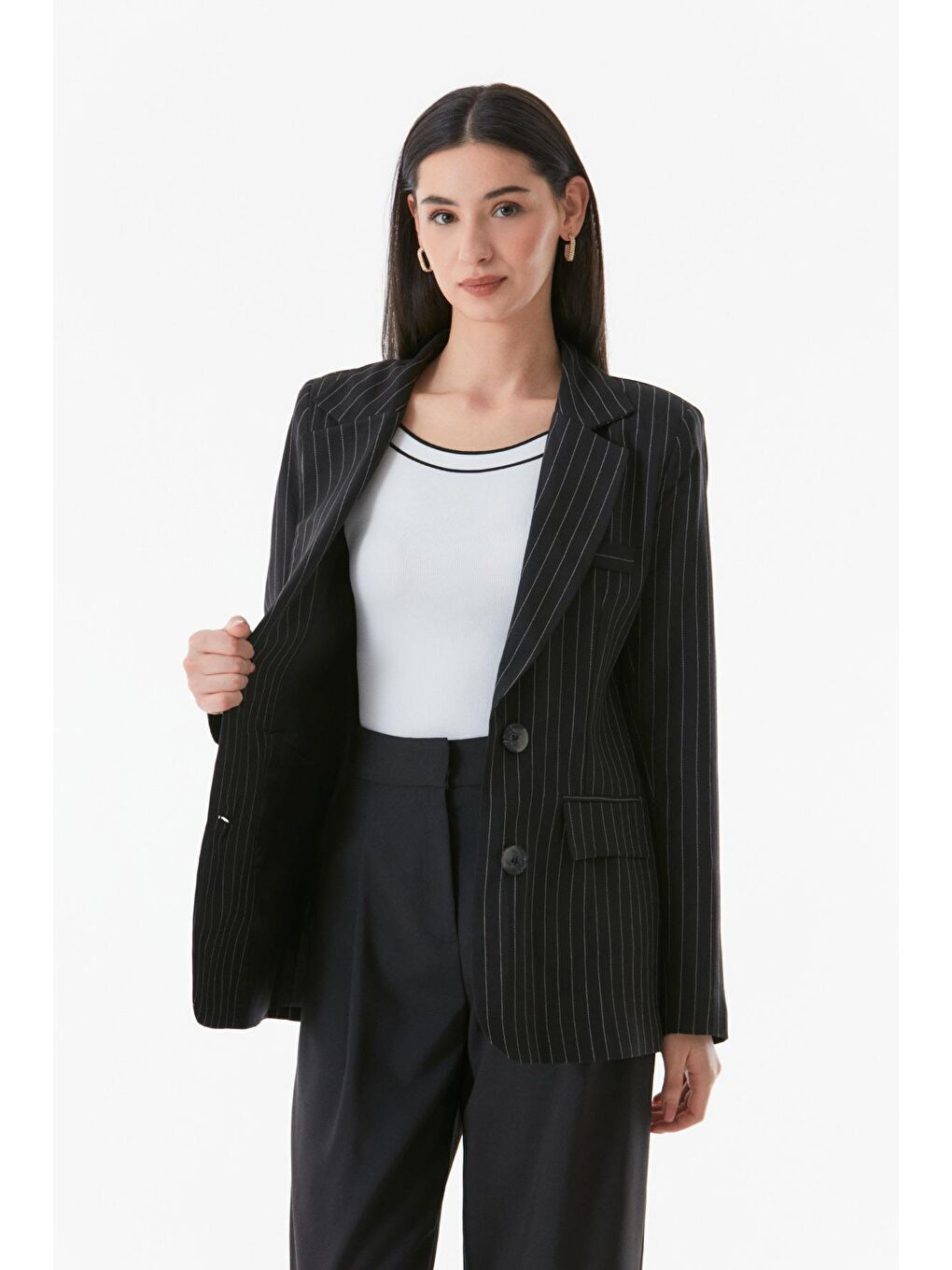 Siyah Çizgili Kruvaze Yaka Blazer Ceket-2