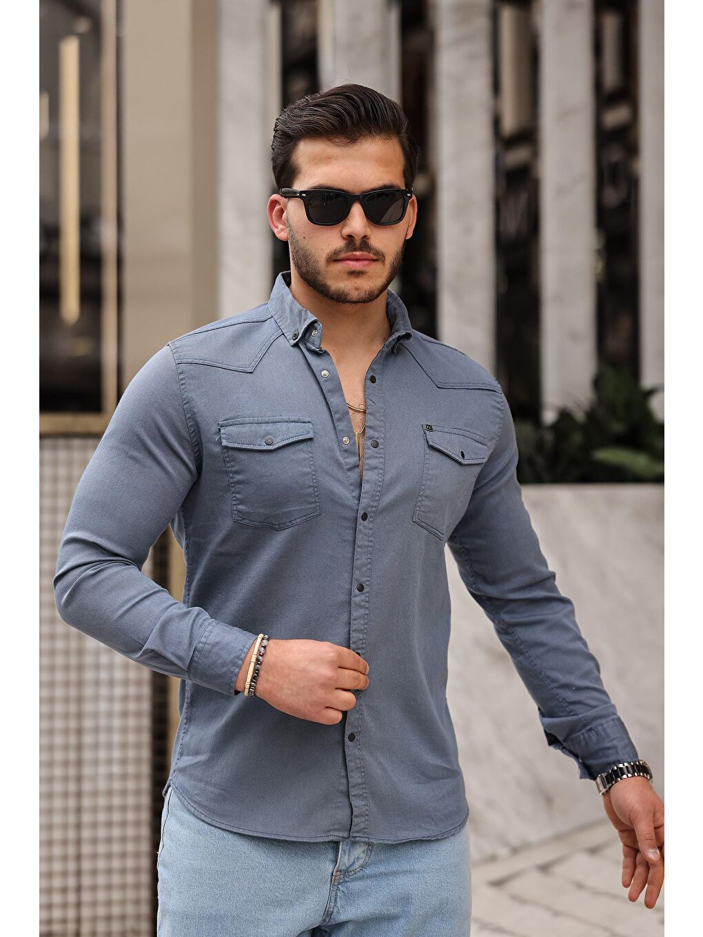 comstar İndigo Slim Fit Çıtçıtlı Çift Cep Jean Gömlek - 1