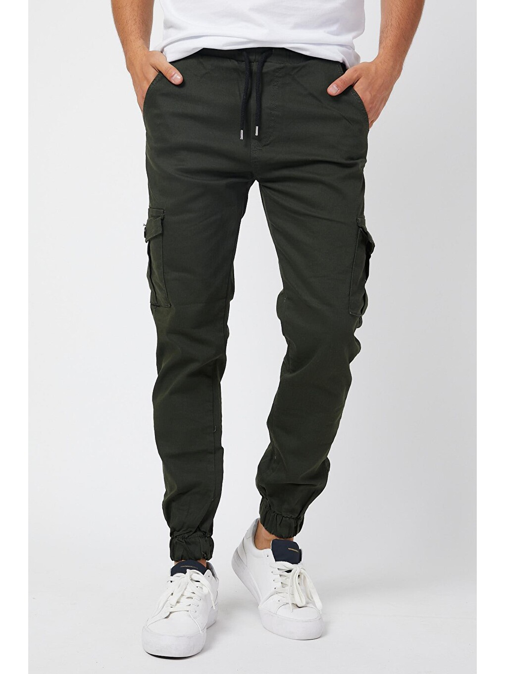 Haki Slim Fit Yandan Cepli Bel Bağcıklı, Paçaları Lastikli Esnek Kargo Erkek Pantolon