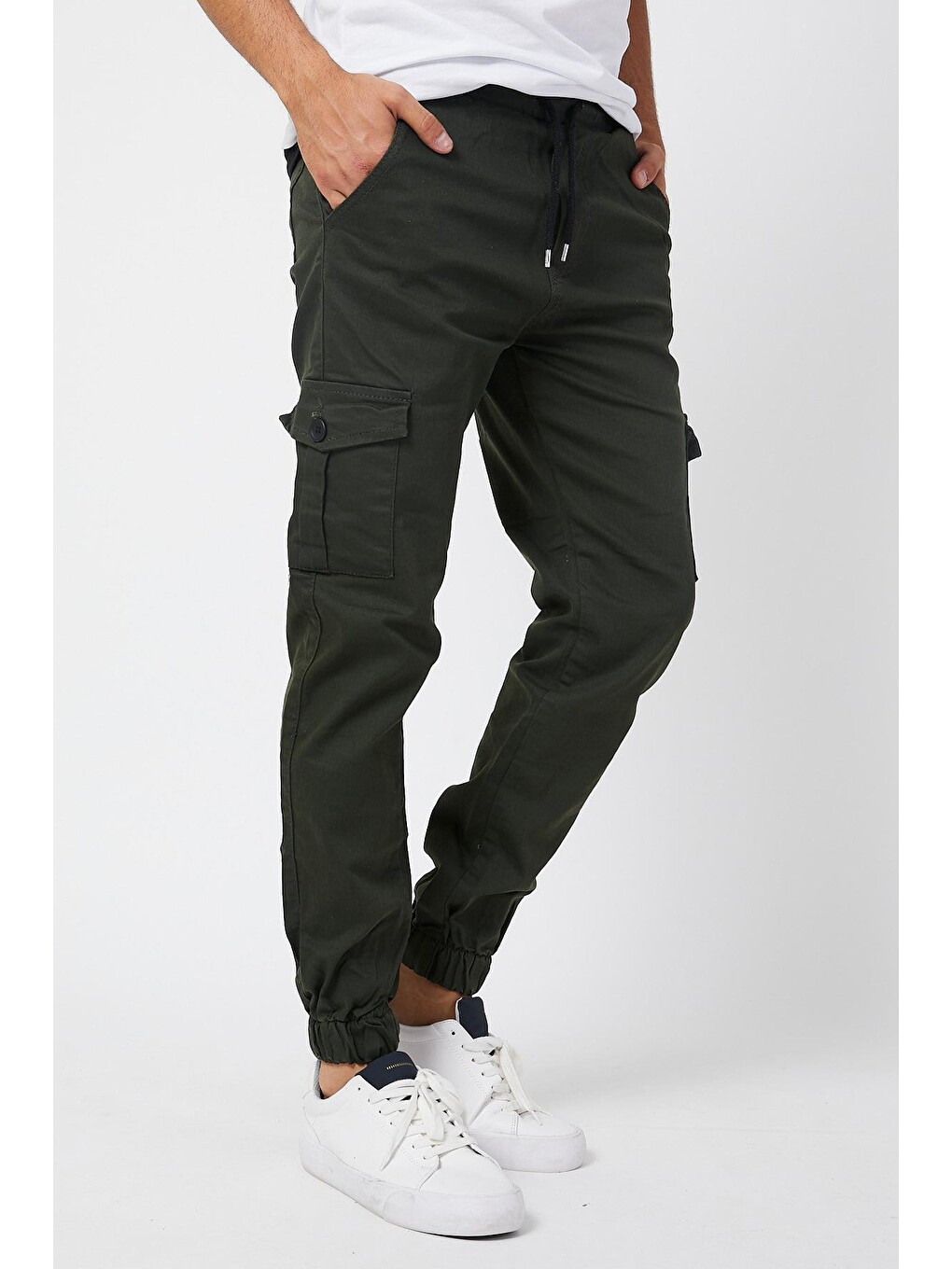 Haki Slim Fit Yandan Cepli Bel Bağcıklı, Paçaları Lastikli Esnek Kargo Erkek Pantolon-1
