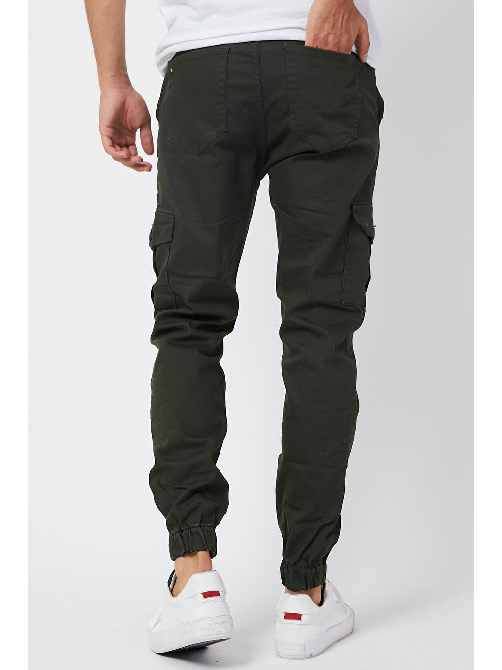 Haki Slim Fit Yandan Cepli Bel Bağcıklı, Paçaları Lastikli Esnek Kargo Erkek Pantolon-2