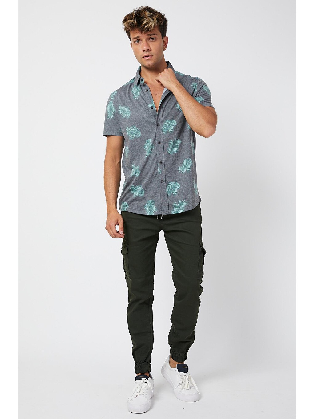 Haki Slim Fit Yandan Cepli Bel Bağcıklı, Paçaları Lastikli Esnek Kargo Erkek Pantolon-3