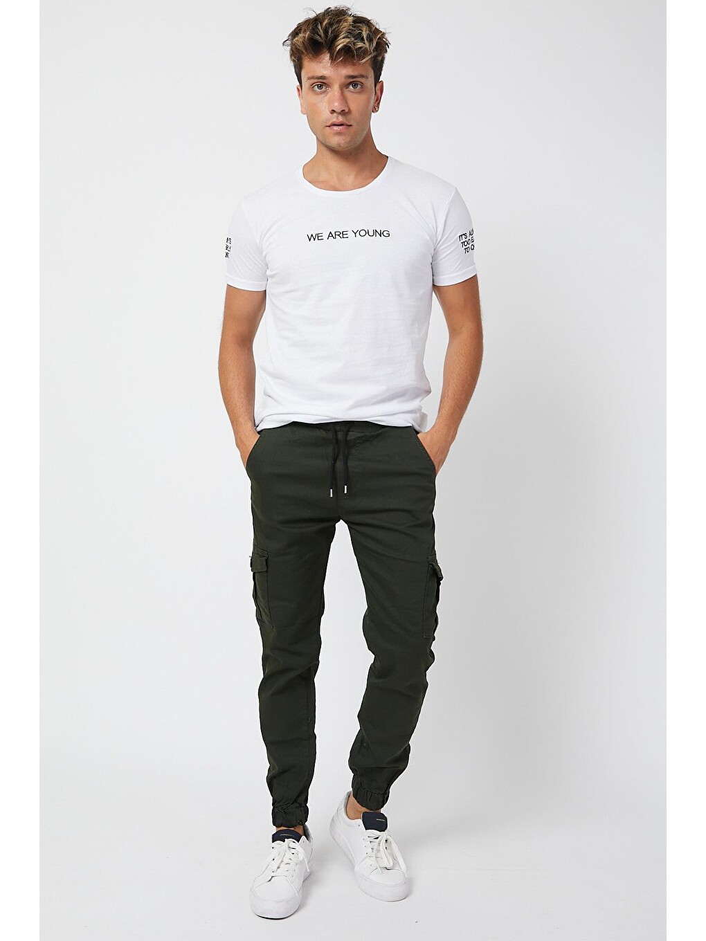Haki Slim Fit Yandan Cepli Bel Bağcıklı, Paçaları Lastikli Esnek Kargo Erkek Pantolon-4