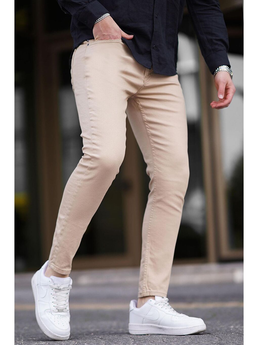 Bej Kanvas Slim Fit Erkek %100 Pamuk Pantolon-1