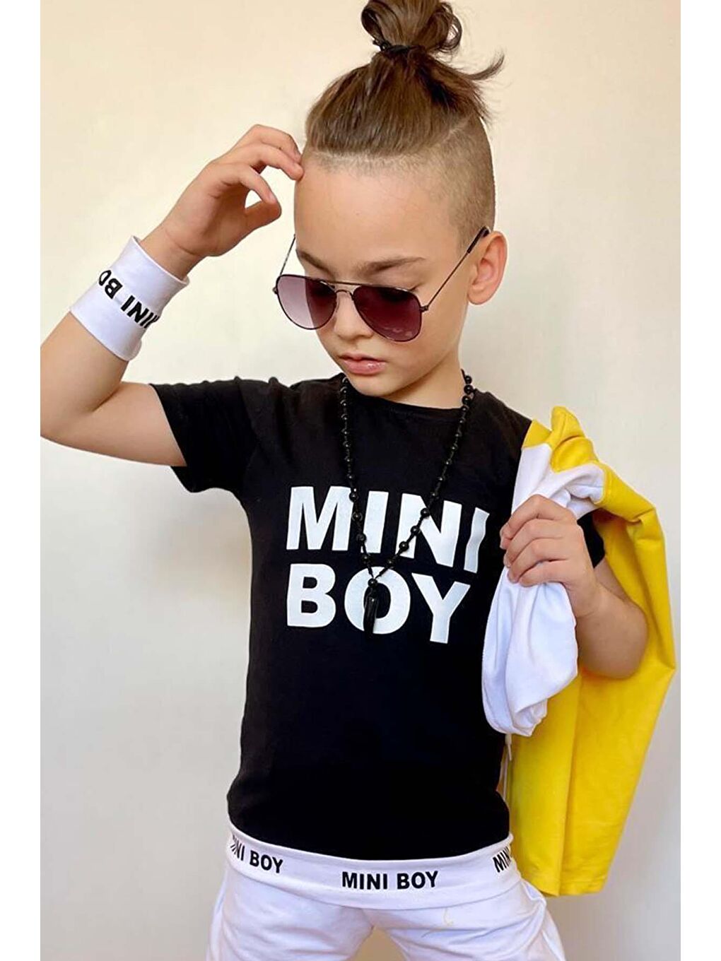 Erkek Çocuk Mini Boy Yazı ve Şerit Detaylı T-shirt Kolsuz Sarı Yelek Eşofman Takım-2