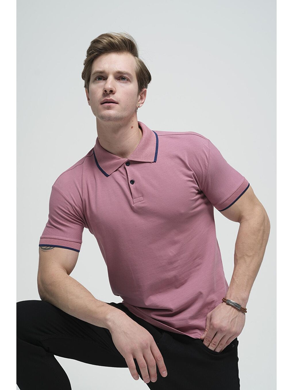 Pembe Colton Yakası Biyeli Likralı Slim Fit Erkek Polo Yaka Tişört
