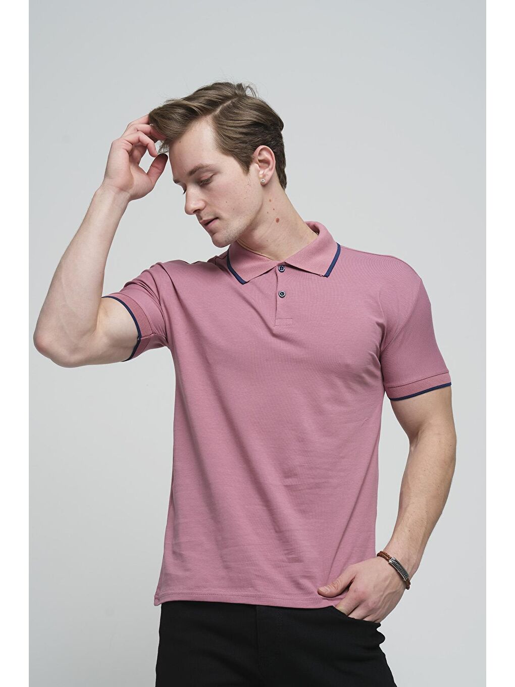 Pembe Colton Yakası Biyeli Likralı Slim Fit Erkek Polo Yaka Tişört-1