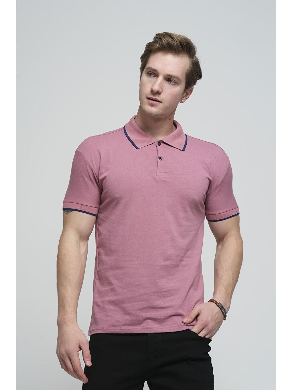 Pembe Colton Yakası Biyeli Likralı Slim Fit Erkek Polo Yaka Tişört-2