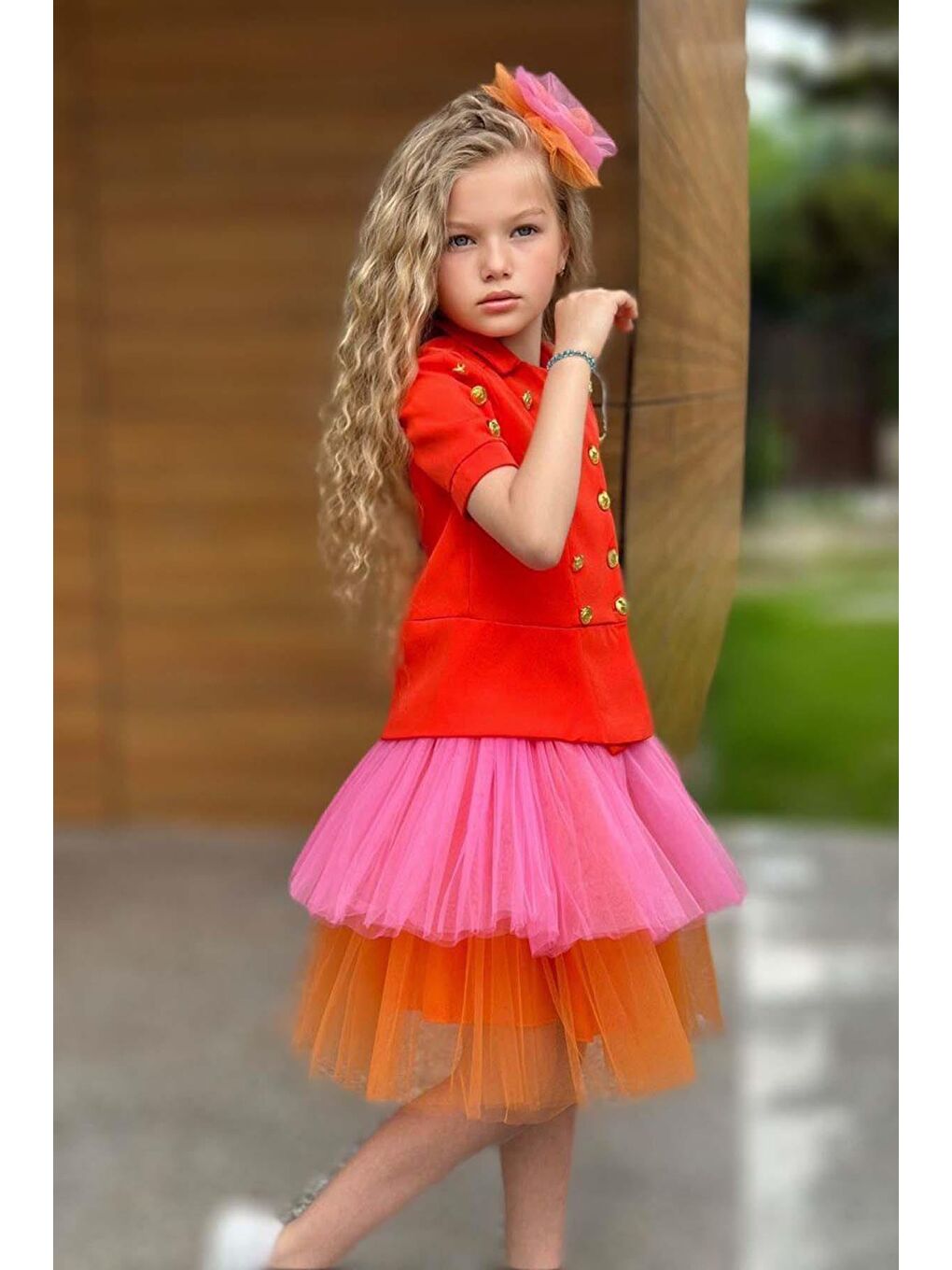 Kız Çocuk Üzeri Gold Düğme Detaylı Gömlek Çift Turuncu Renkli Etekli Takım-3