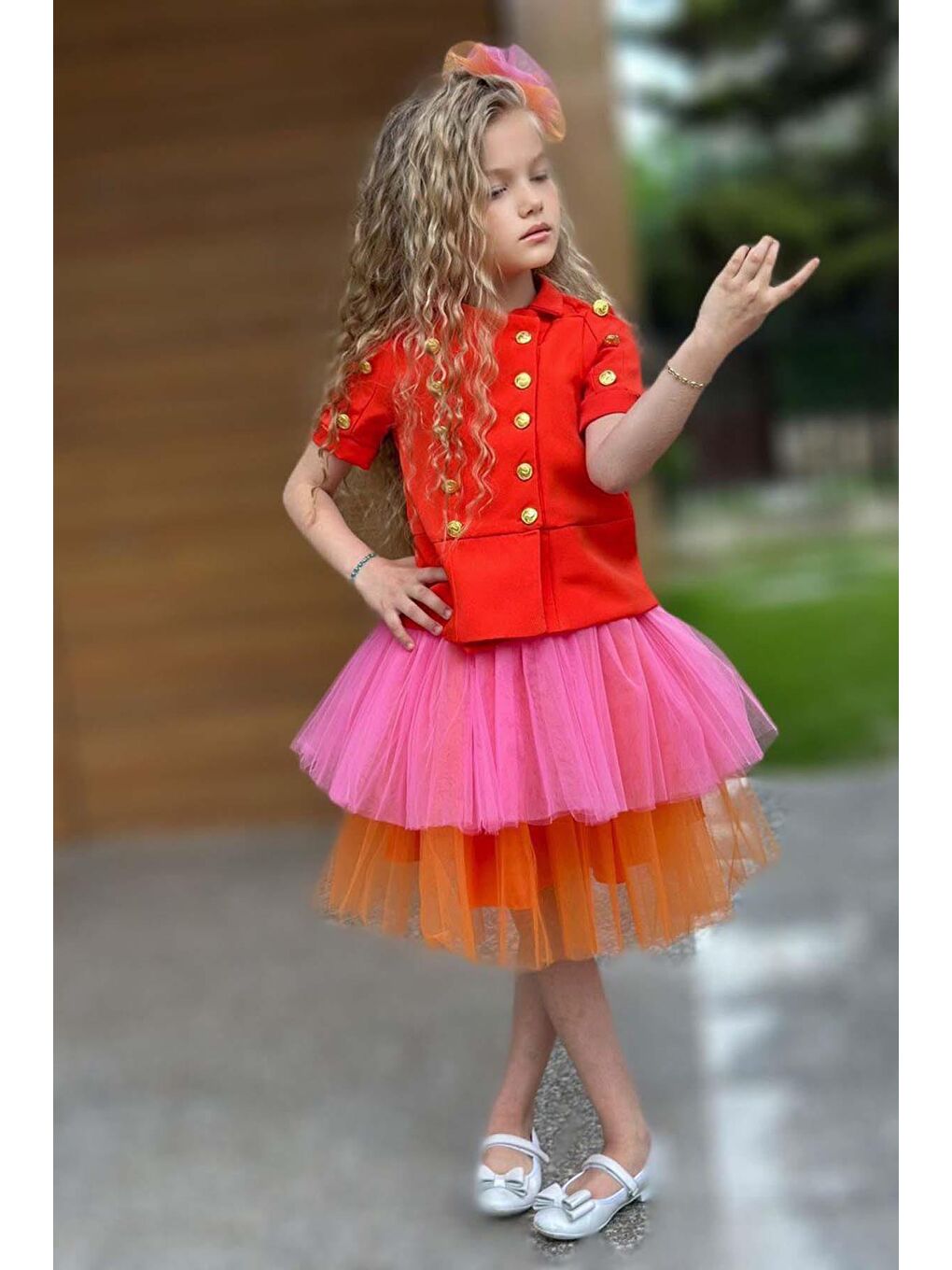 Kız Çocuk Üzeri Gold Düğme Detaylı Gömlek Çift Turuncu Renkli Etekli Takım-2
