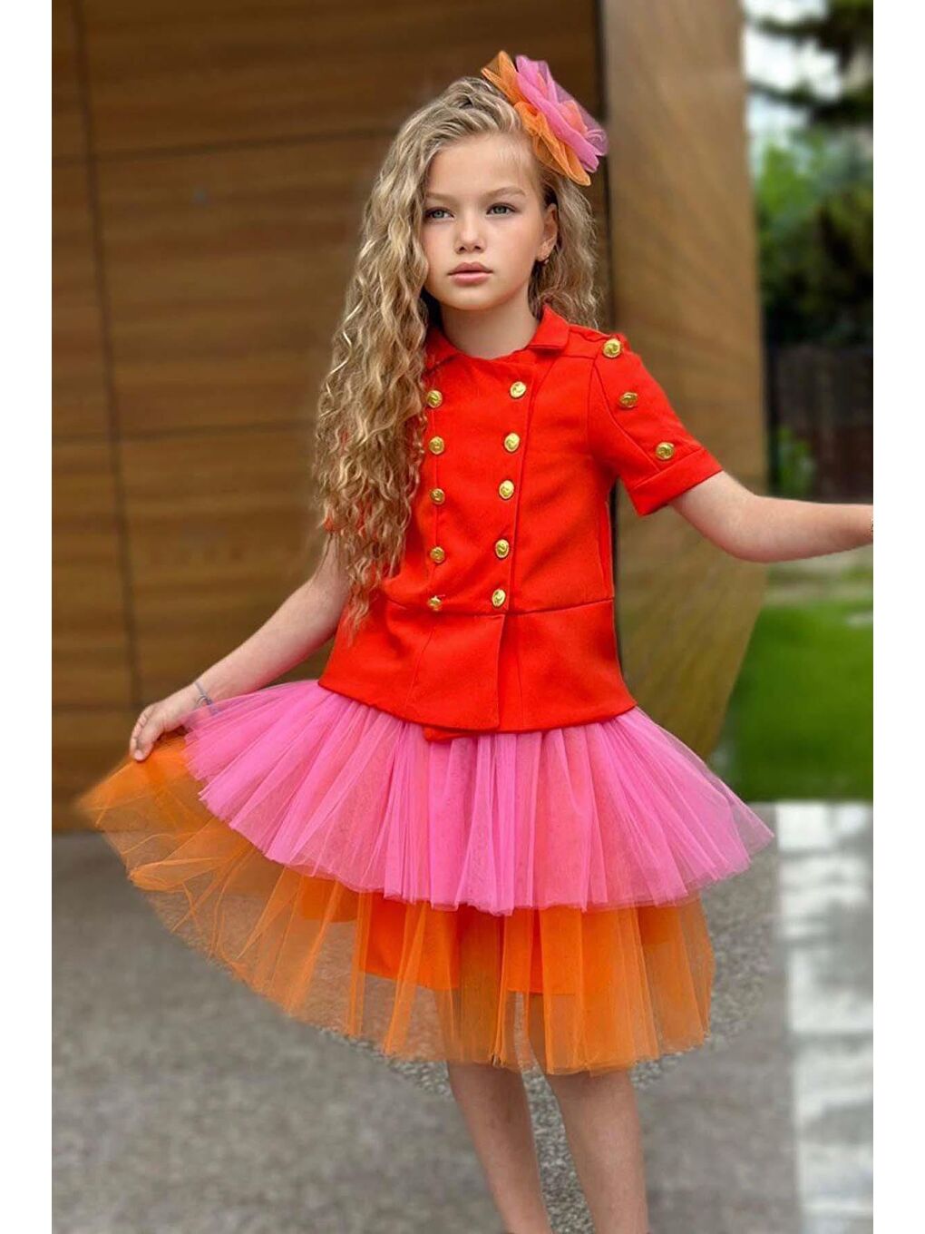 Kız Çocuk Üzeri Gold Düğme Detaylı Gömlek Çift Turuncu Renkli Etekli Takım-1