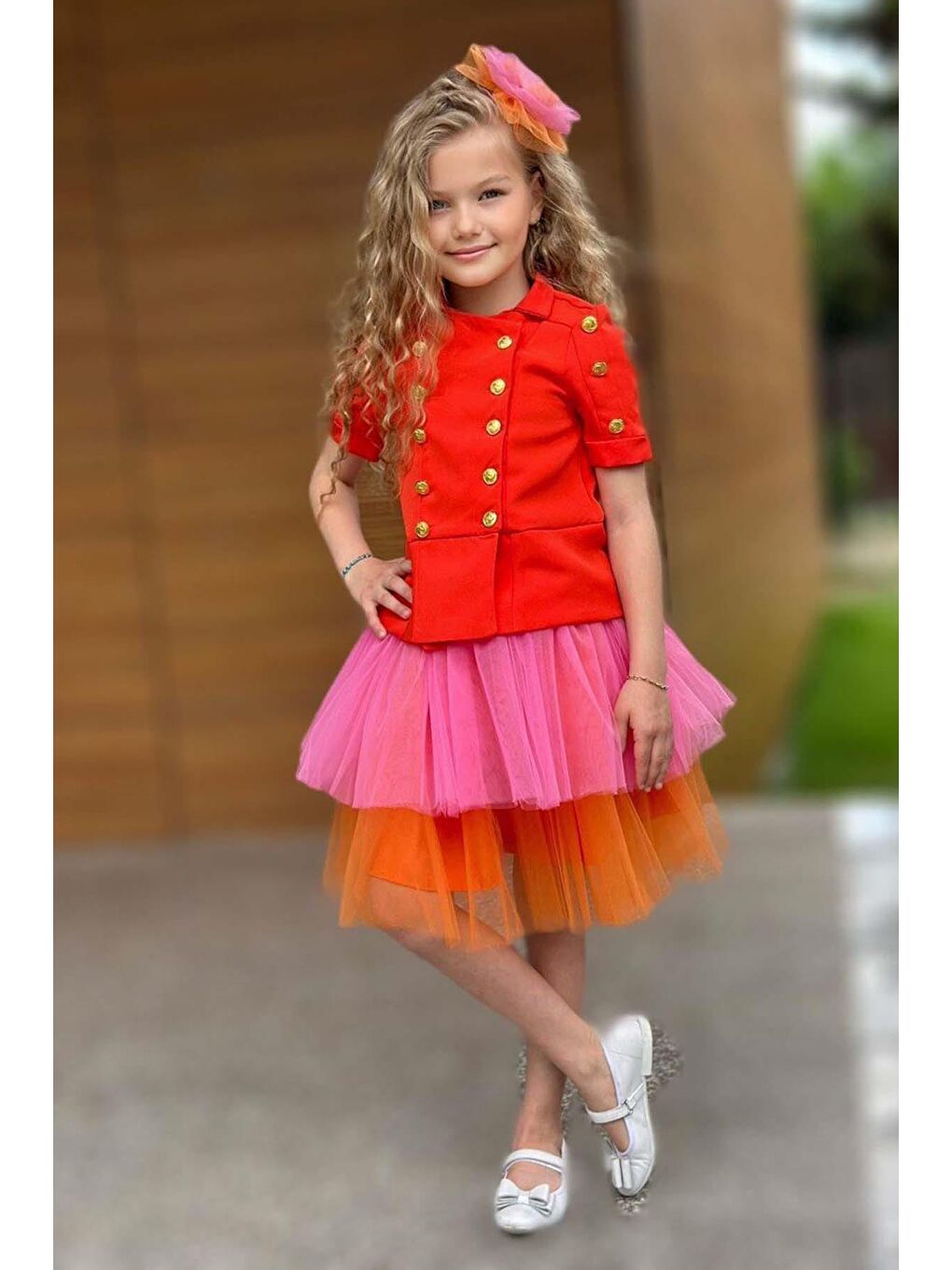 Kız Çocuk Üzeri Gold Düğme Detaylı Gömlek Çift Turuncu Renkli Etekli Takım