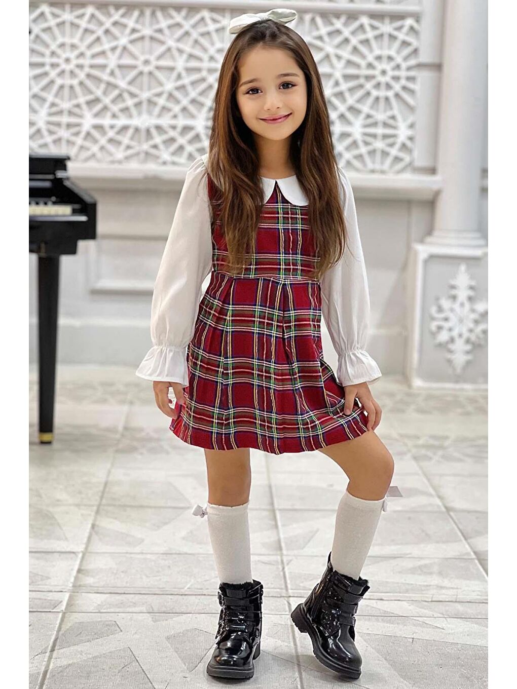 Kız Çocuk Üzeri Kare Çizgili İspanyol Kol Bebe Yakalı Kırmızı Elbise-1