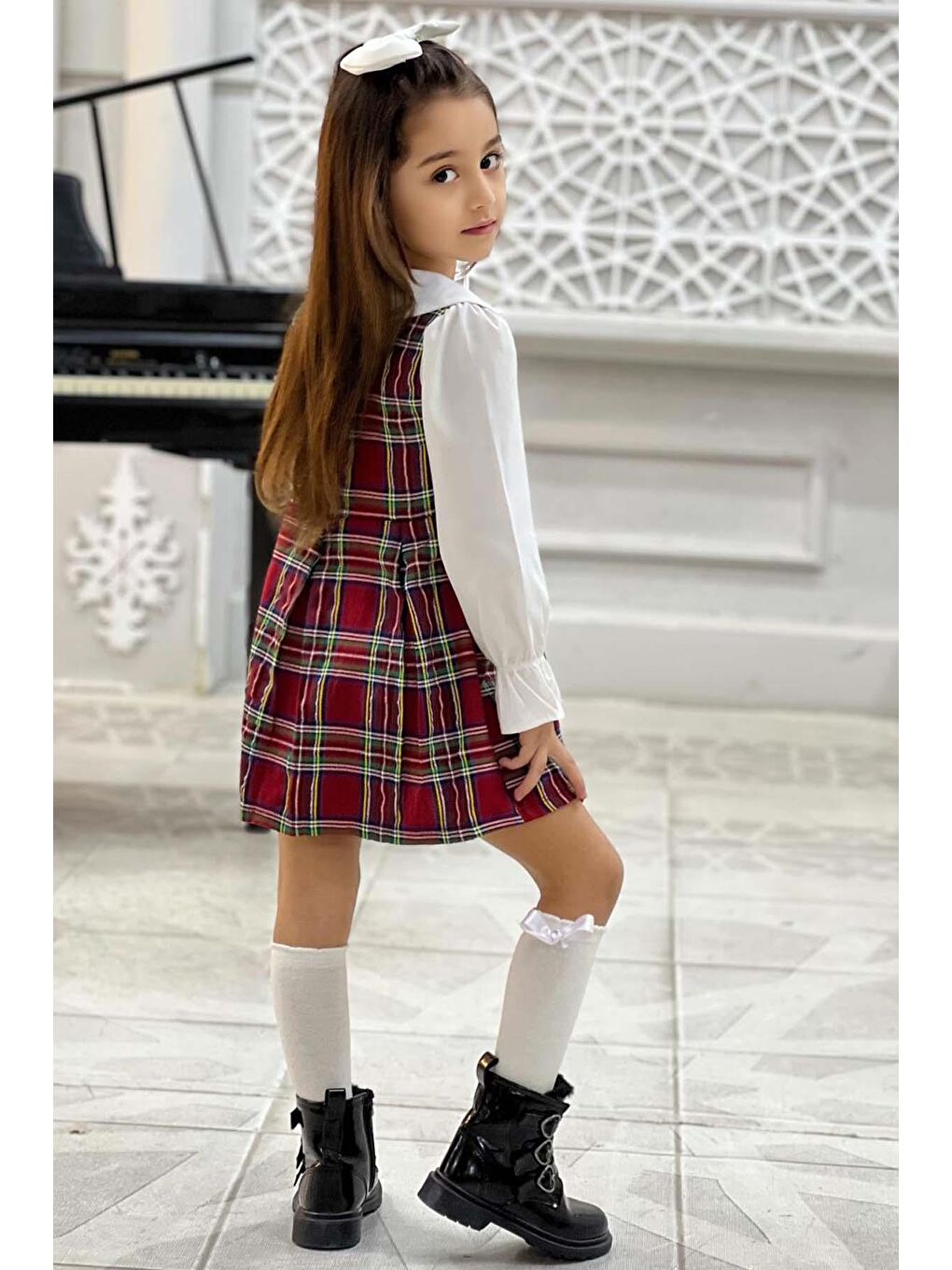 Kız Çocuk Üzeri Kare Çizgili İspanyol Kol Bebe Yakalı Kırmızı Elbise-2