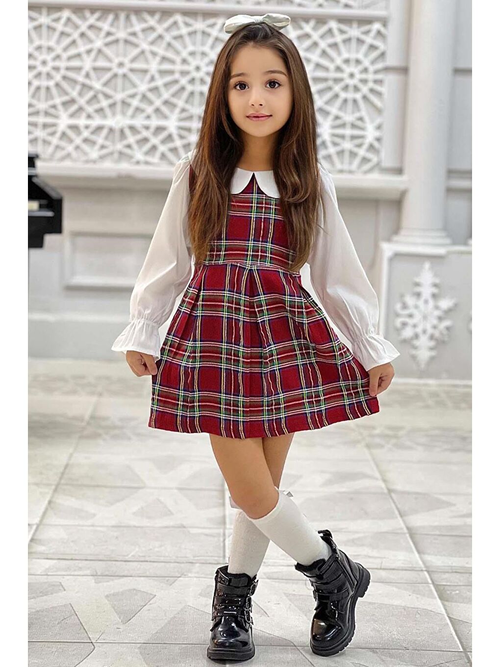 Kız Çocuk Üzeri Kare Çizgili İspanyol Kol Bebe Yakalı Kırmızı Elbise-3