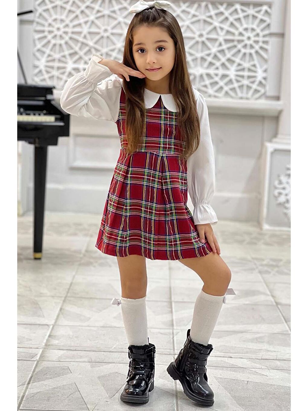 Kız Çocuk Üzeri Kare Çizgili İspanyol Kol Bebe Yakalı Kırmızı Elbise-4