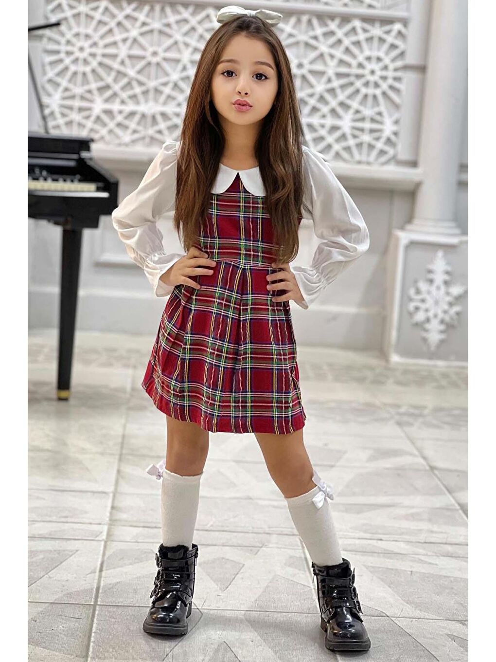 Kız Çocuk Üzeri Kare Çizgili İspanyol Kol Bebe Yakalı Kırmızı Elbise-5