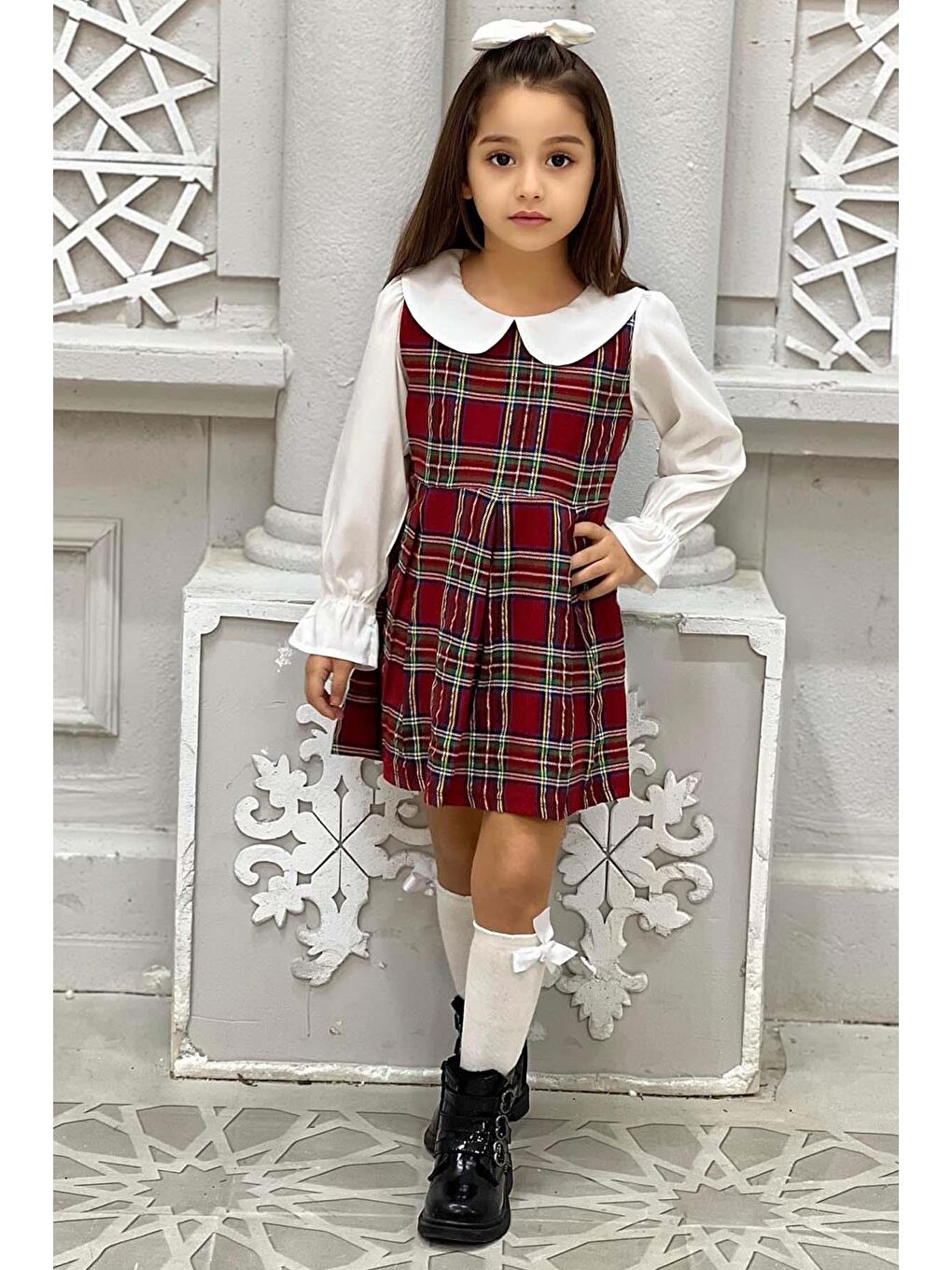Kız Çocuk Üzeri Kare Çizgili İspanyol Kol Bebe Yakalı Kırmızı Elbise-6