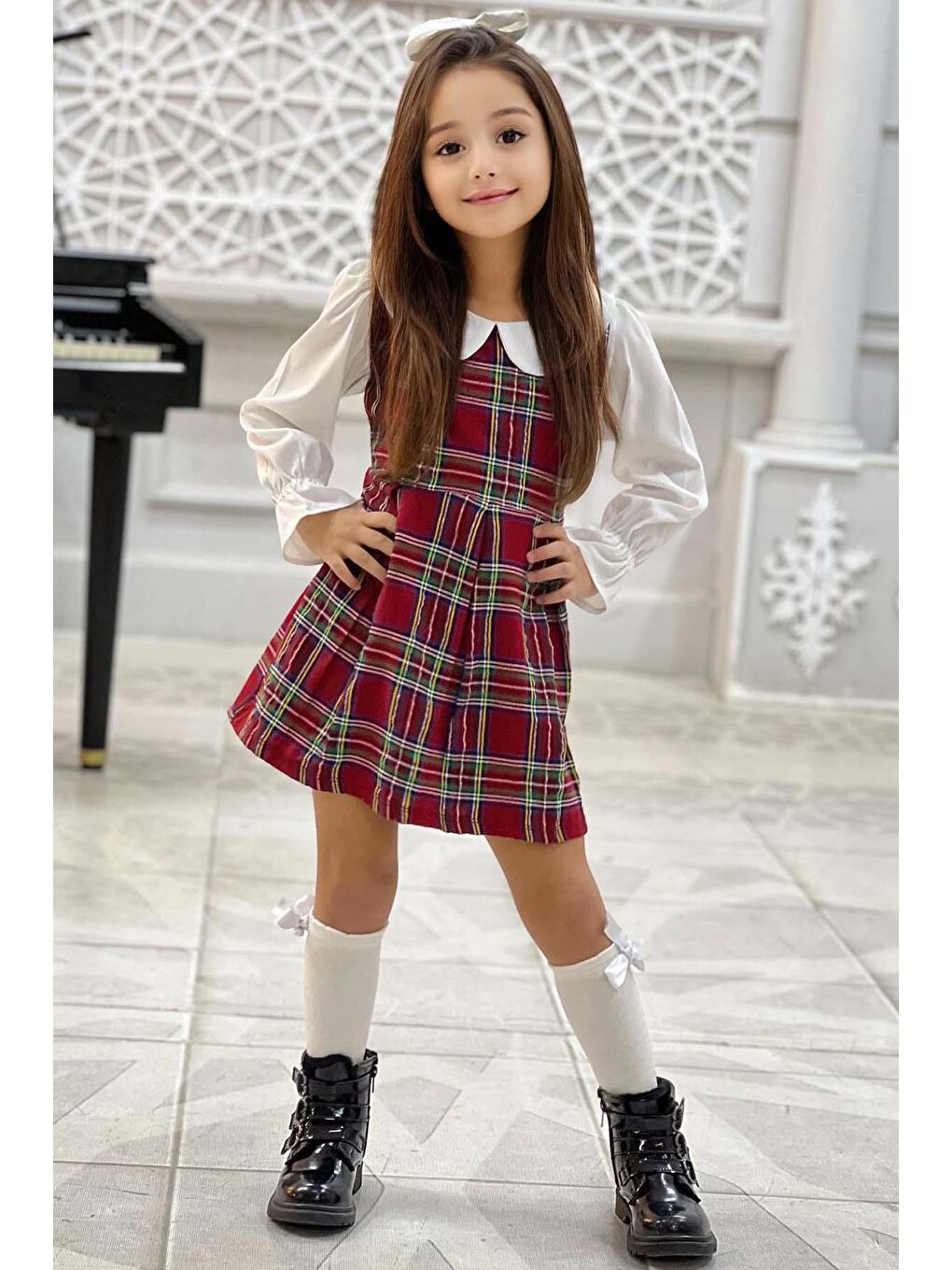 Kız Çocuk Üzeri Kare Çizgili İspanyol Kol Bebe Yakalı Kırmızı Elbise-7