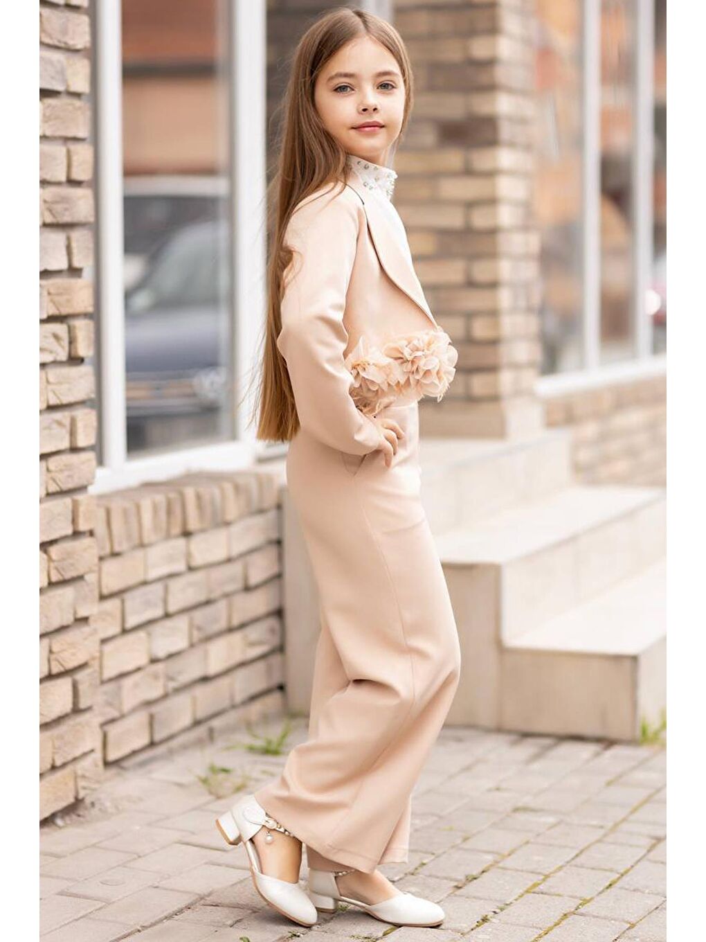 Ekru Kız Çocuk Çiçek Broş Detaylı Blazer Ceket Halter Yaka Taş Detaylı Bluz Krem Alt Üst Takım-2