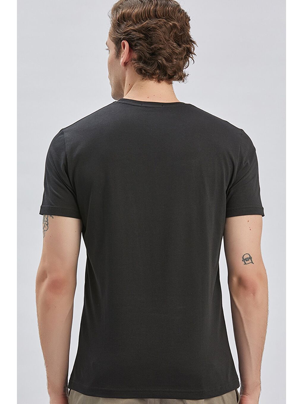 Siyah Baskılı Bez Ayağı Bisiklet Yaka %100 Pamuk Casual Slim Fit Dar Kesim Tişört 1011240167-4