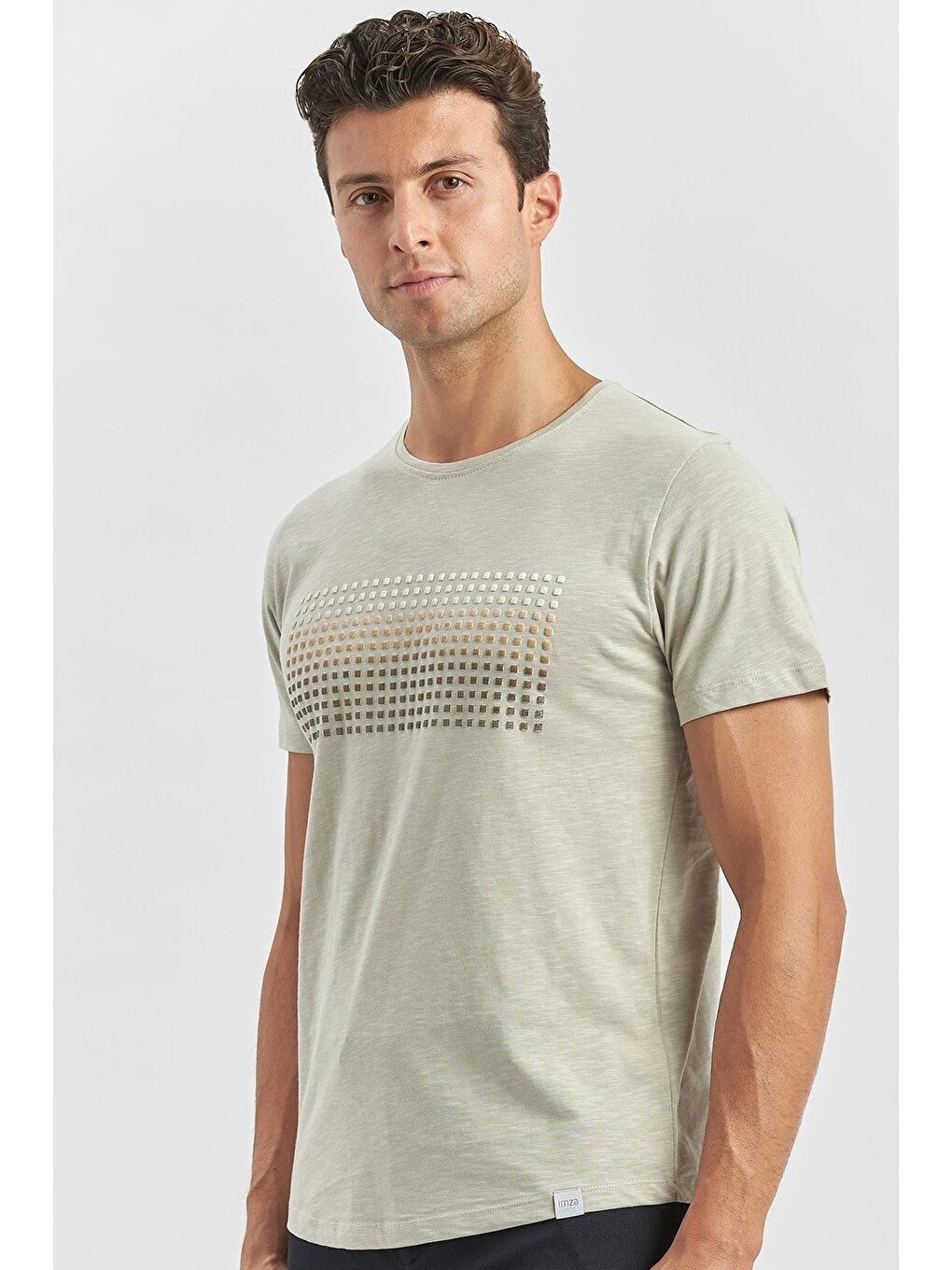 Bej Taş Rengi Baskılı Bez Ayağı Bisiklet Yaka Cepli %100 Pamuk Slim Fit Dar Kesim Tişört 1011240182-1