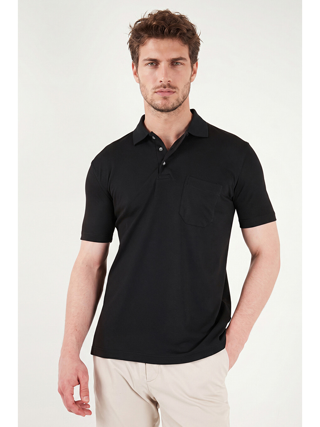 Siyah Pamuklu Regular Fit Göğüs Cepli Düğmeli Polo T Shirt 4565001-2