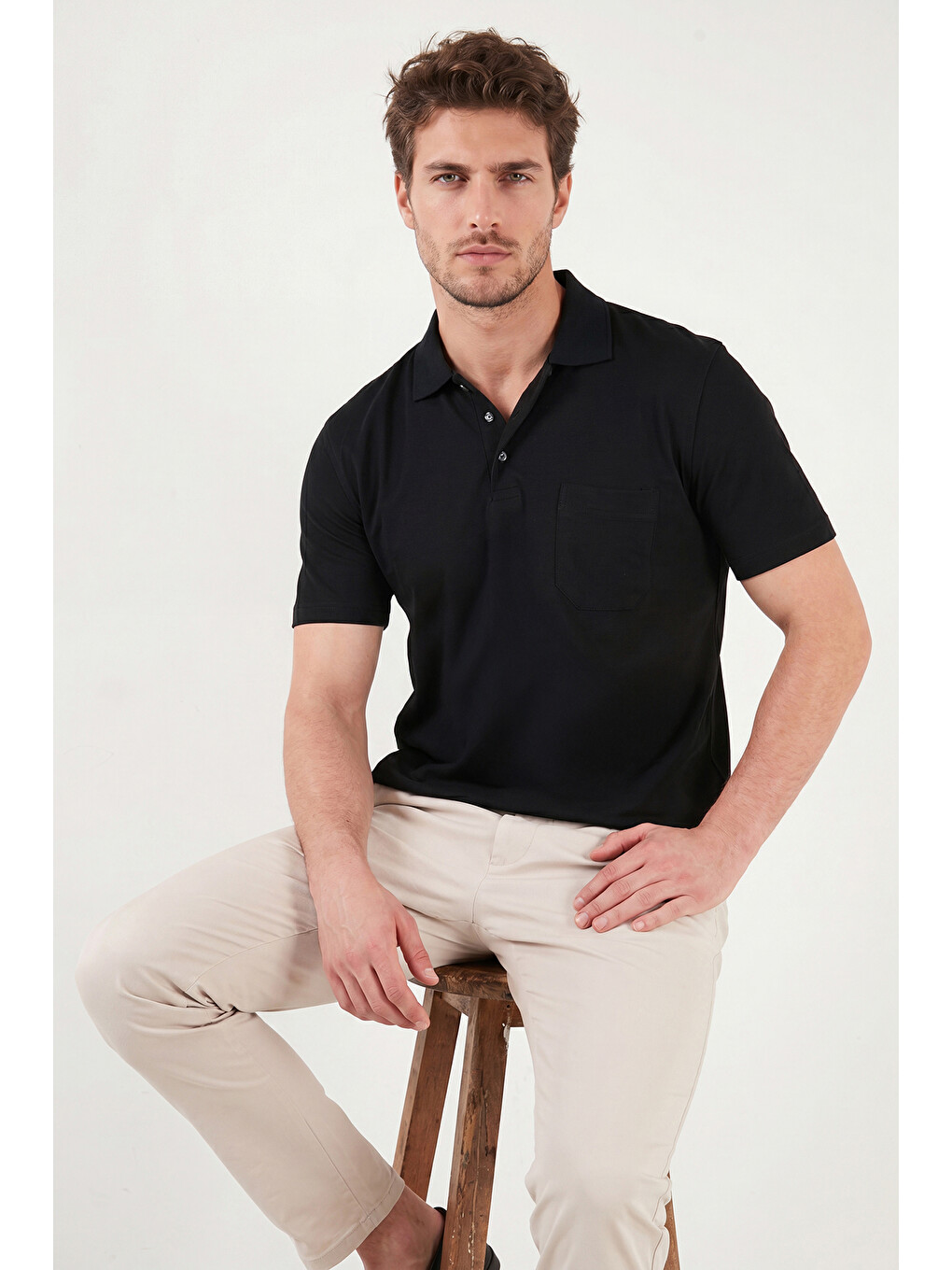 Siyah Pamuklu Regular Fit Göğüs Cepli Düğmeli Polo T Shirt 4565001-3