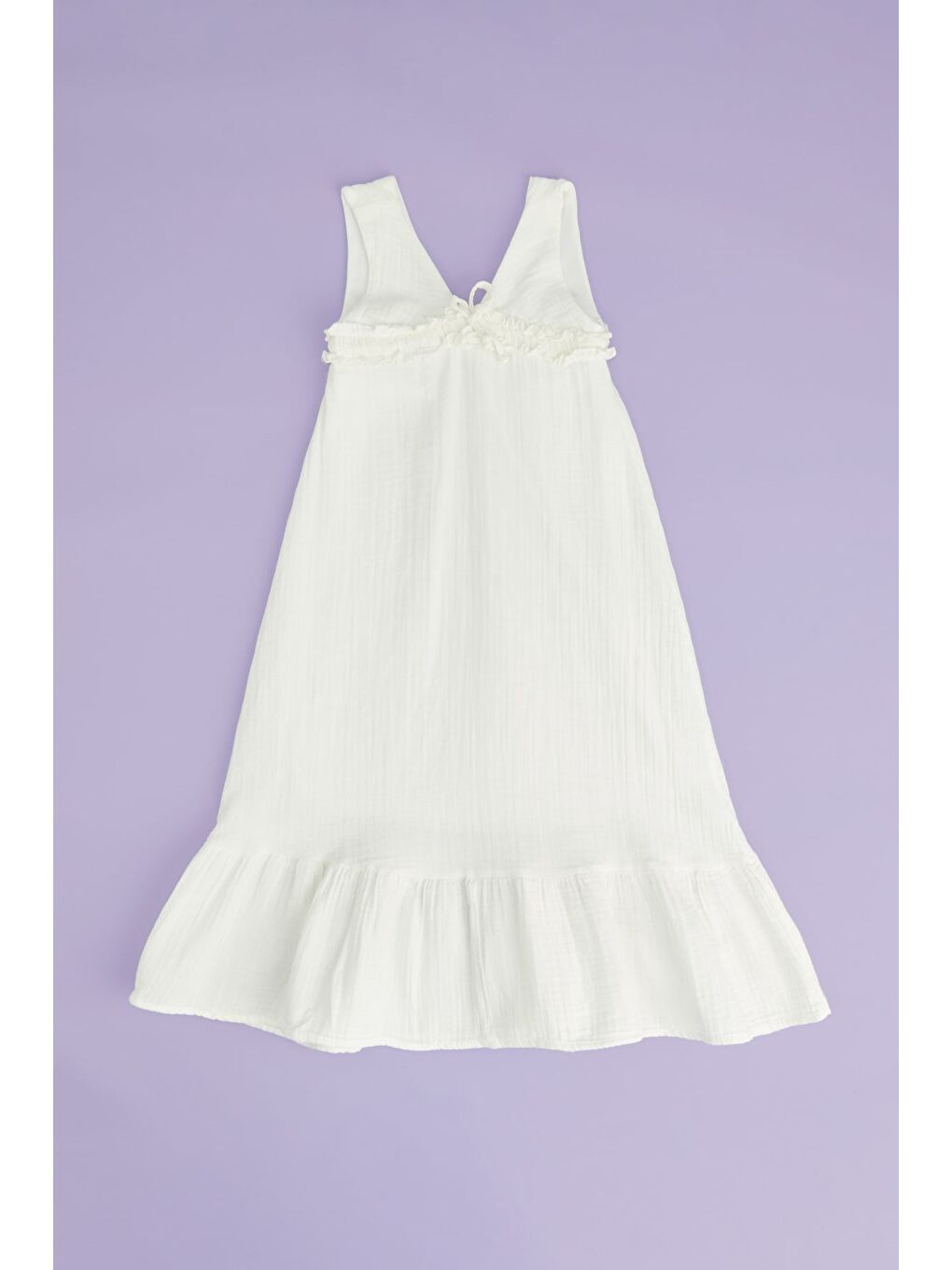 Ekru Önü Bağlamalı Askılı Müslin Kumaş Kız Çocuk Elbise